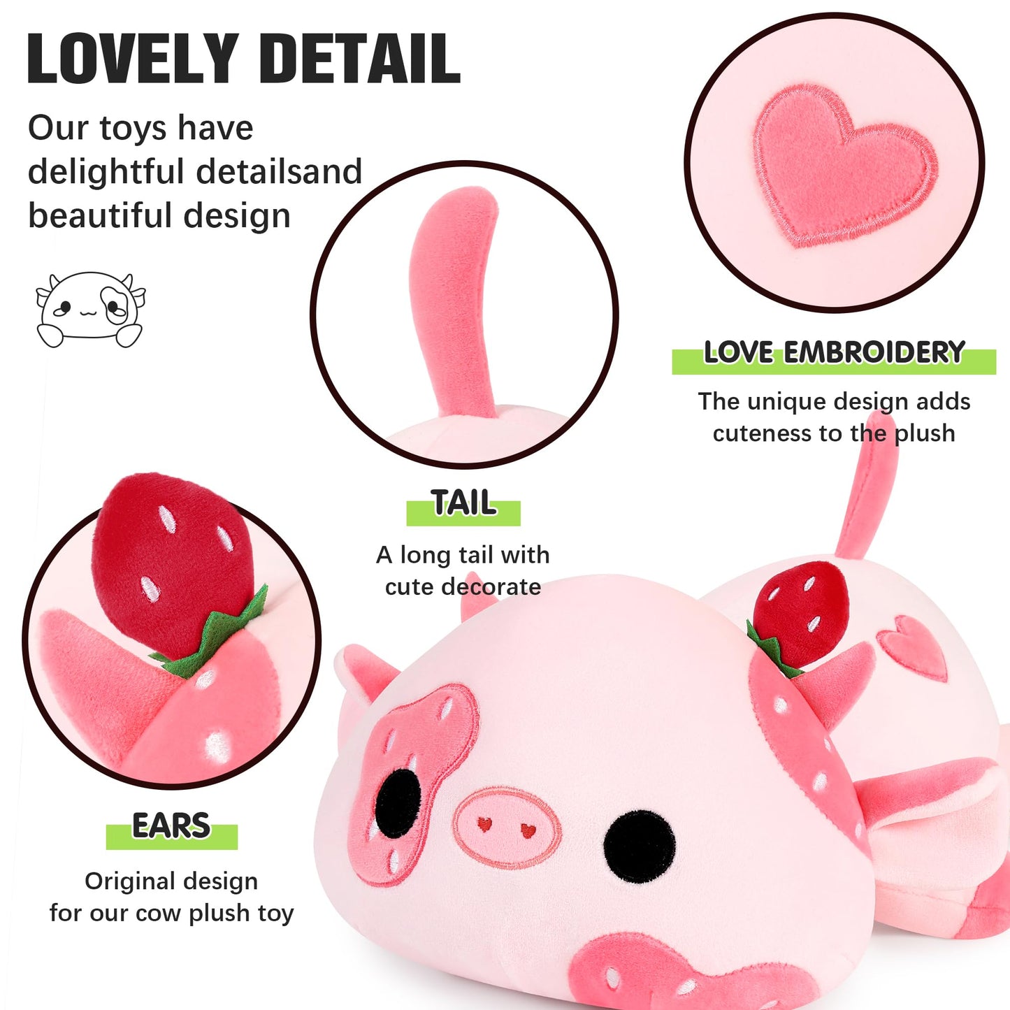 Onsoyours Cute Cow Plushie 12in – Strawberry Love Plush Toy for Kids