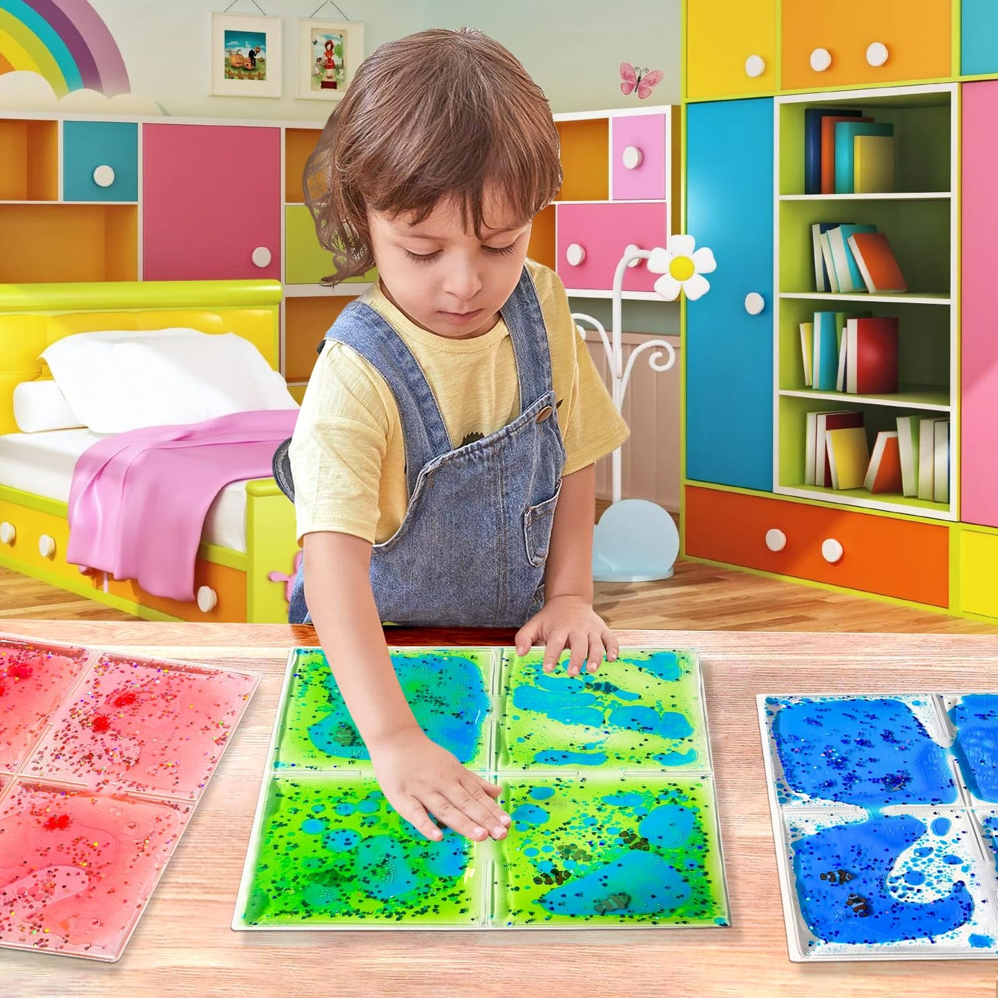 Onyoloy Liquid Sensory Soft Gel Tiles - 12-by-12-Inch Square Set of 9 - Multicolor Water Toys for Nurseries