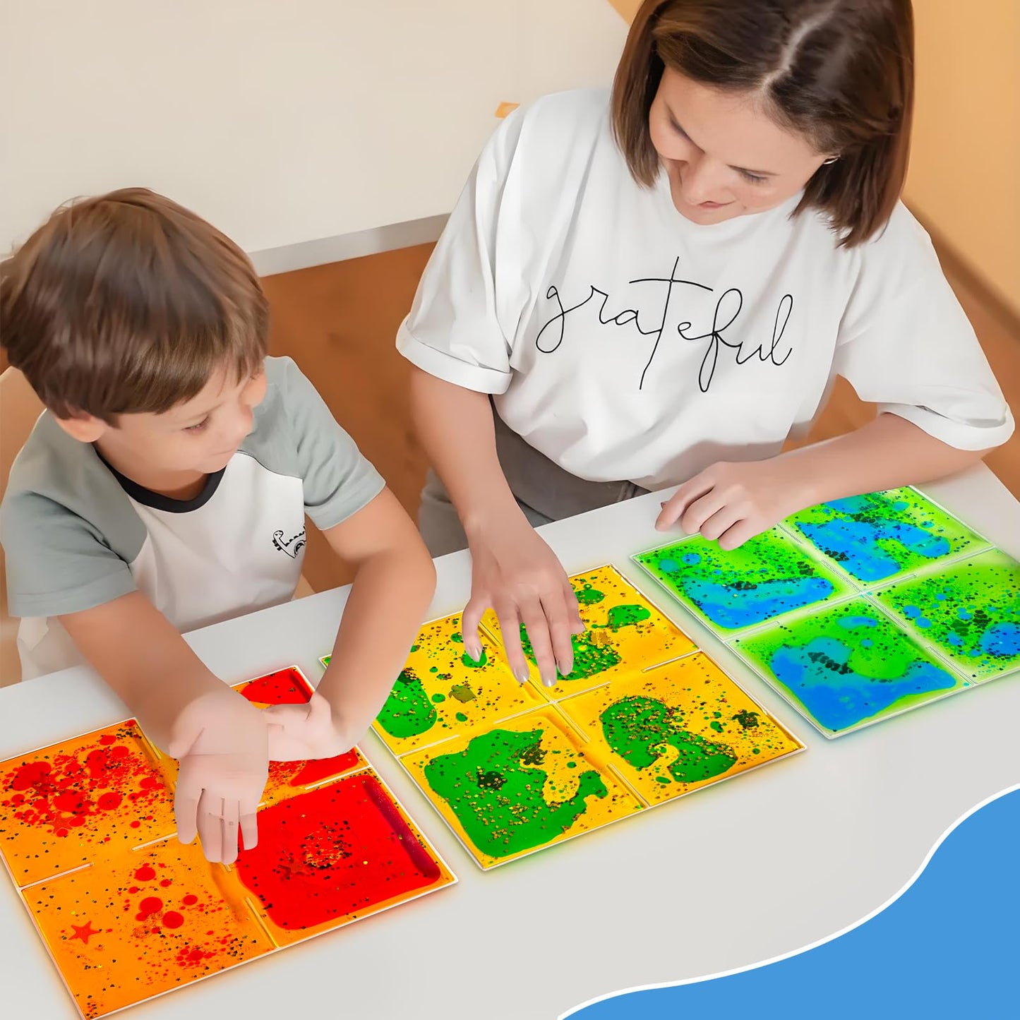 Onyoloy Liquid Sensory Soft Gel Tiles - 12-by-12-Inch Square Set of 9 - Multicolor Water Toys for Nurseries