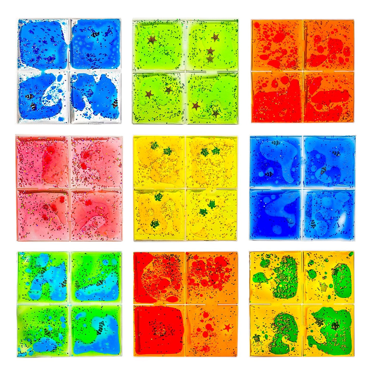 Onyoloy Liquid Sensory Soft Gel Tiles - 12-by-12-Inch Square Set of 9 - Multicolor Water Toys for Nurseries