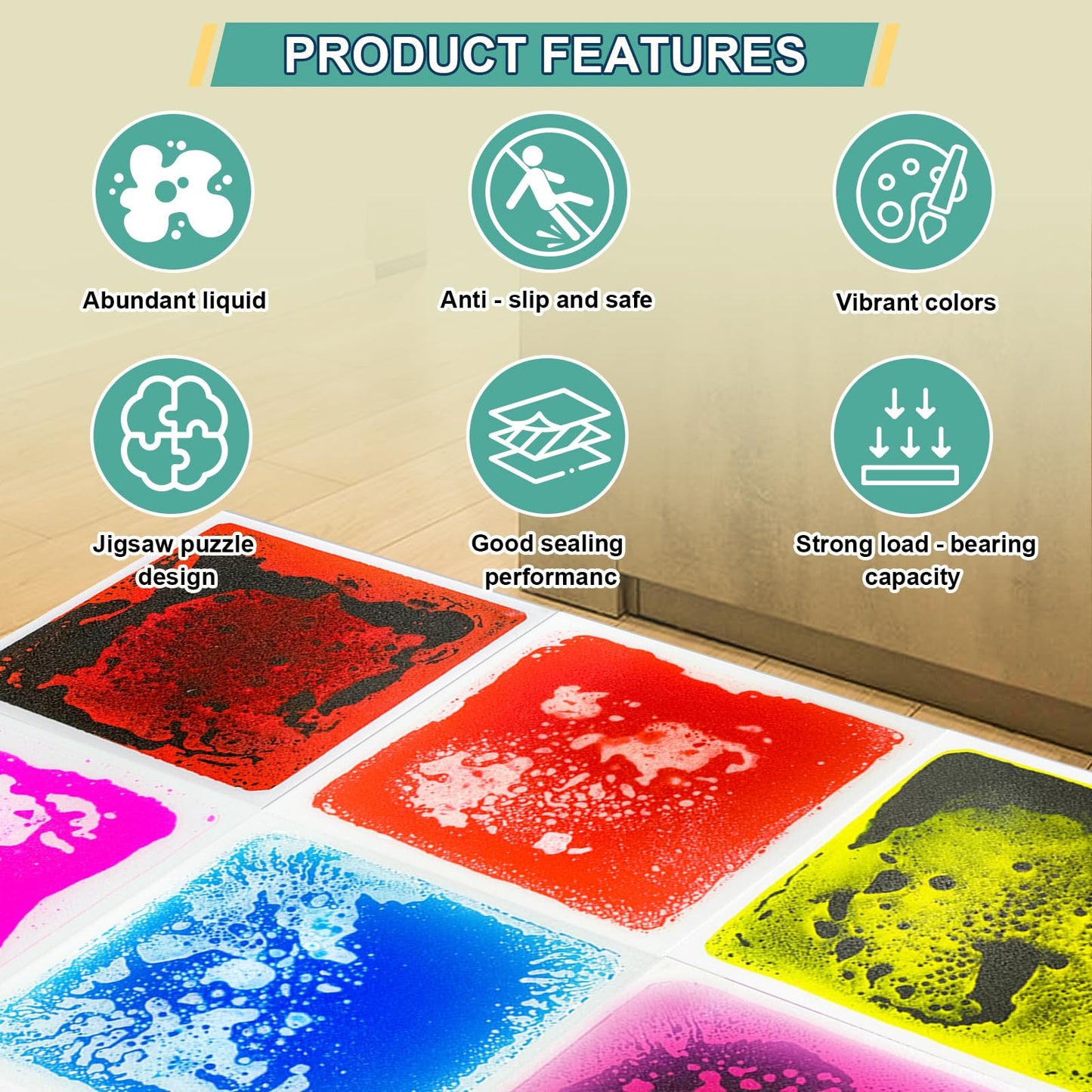 Onyoloy Liquid Sensory Tiles Floor Pads – 6-Piece Interactive Sensory Puzzle Mats for Kids