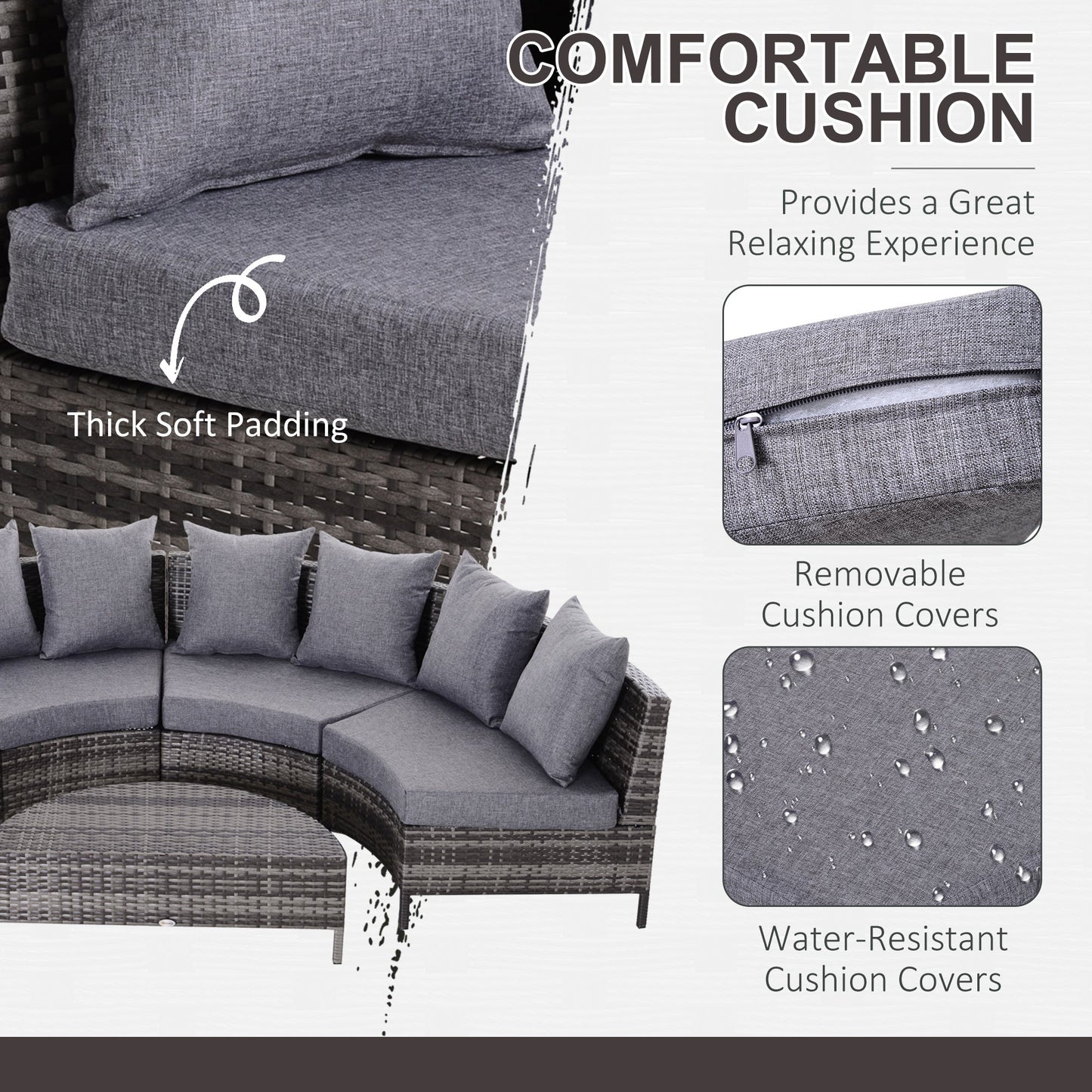 4-Seater Half Moon Shaped Rattan Outdoor Garden Furniture Set Grey