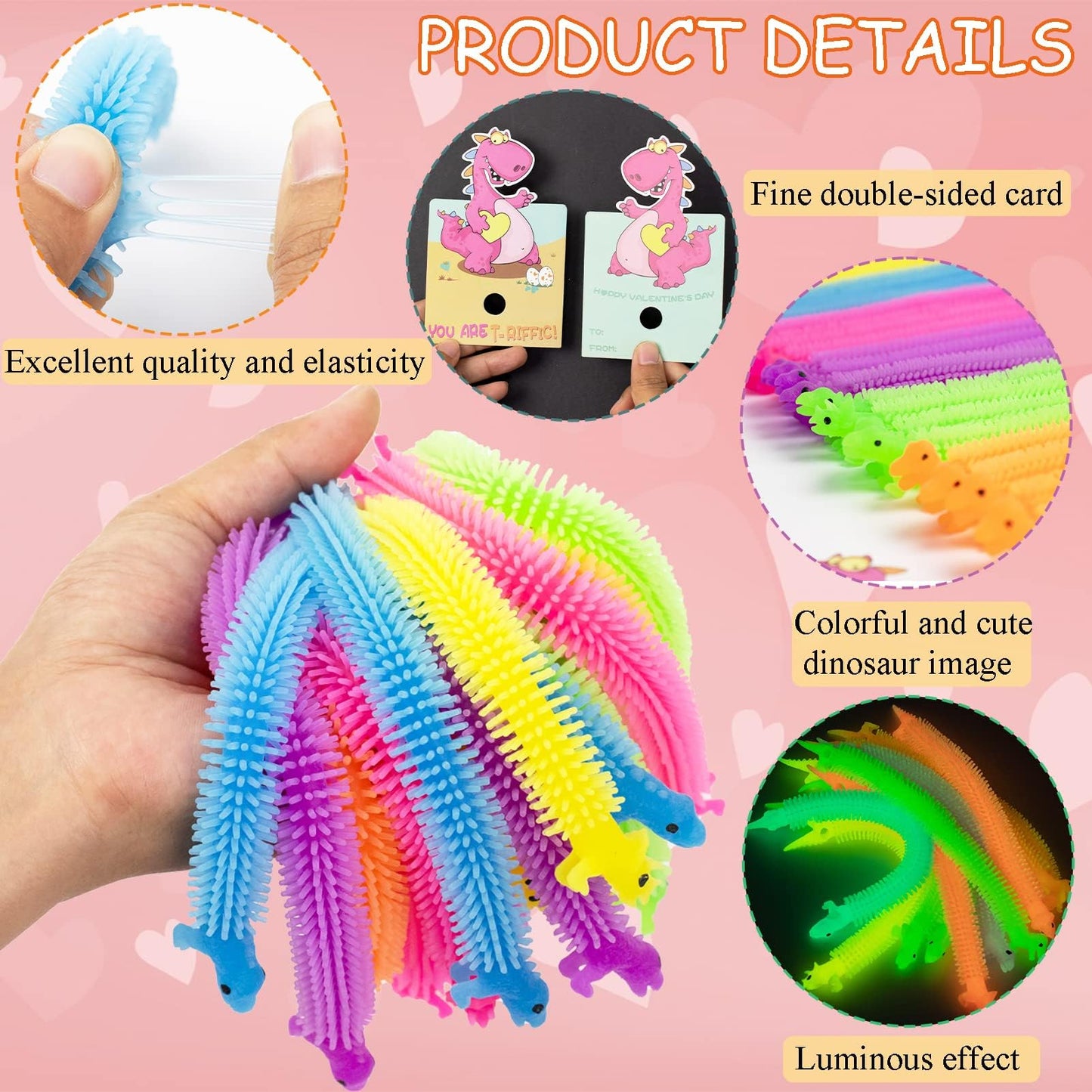 OOINQQ Valentines Day Cards for Kids – 24 Glow-in-the-Dark Dinosaur Stretchy Strings & Cards