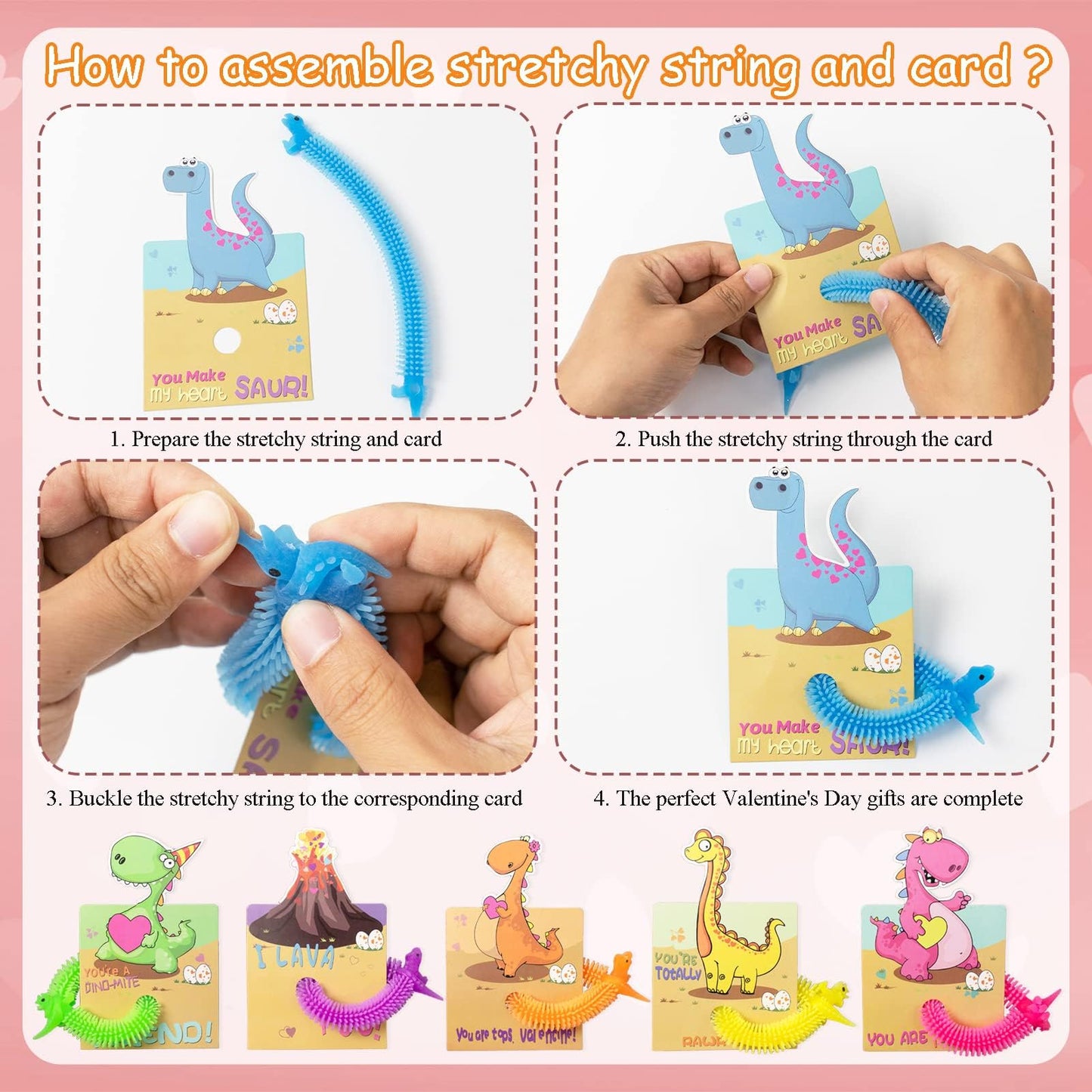 OOINQQ Valentines Day Cards for Kids – 24 Glow-in-the-Dark Dinosaur Stretchy Strings & Cards