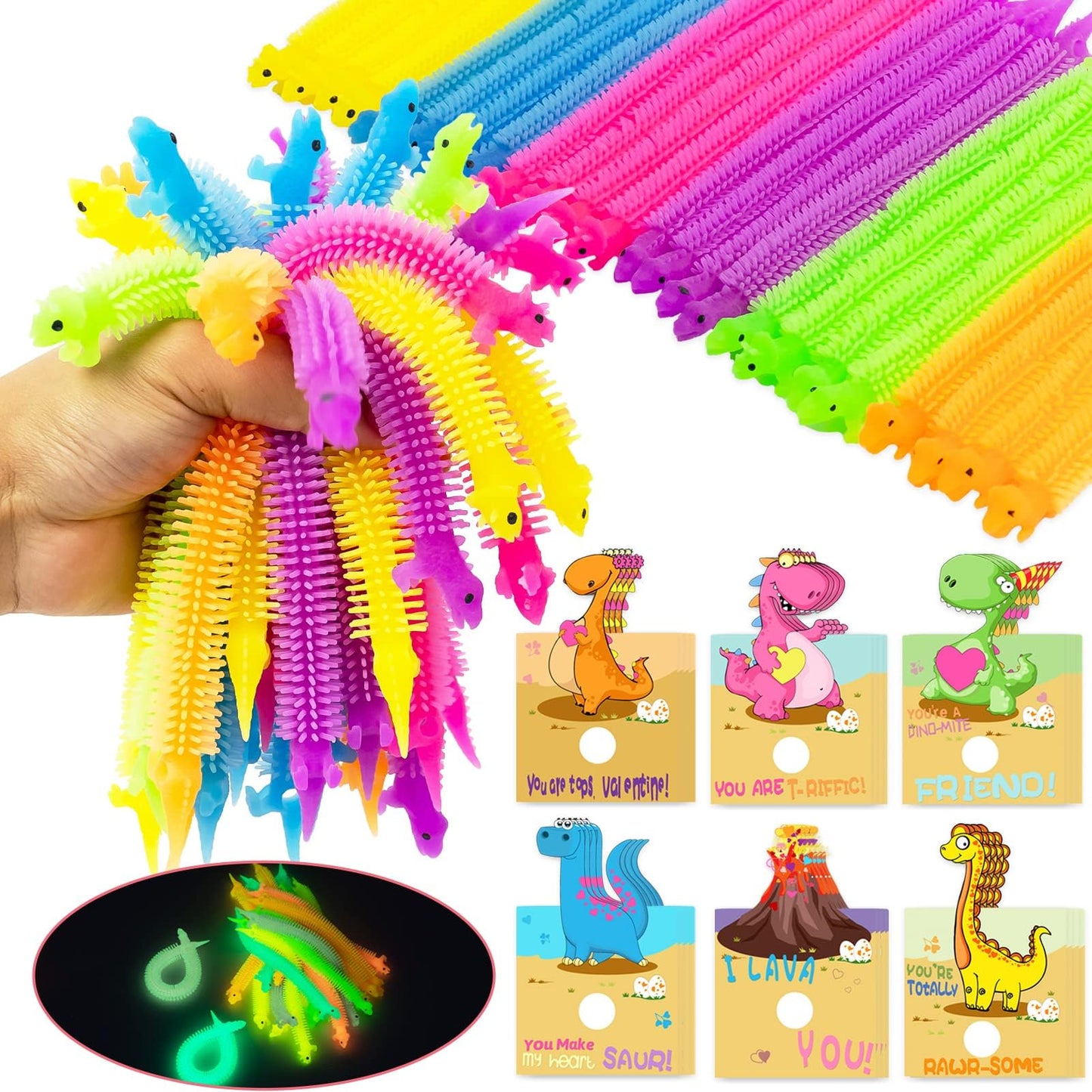 OOINQQ Valentines Day Cards for Kids – 24 Glow-in-the-Dark Dinosaur Stretchy Strings & Cards