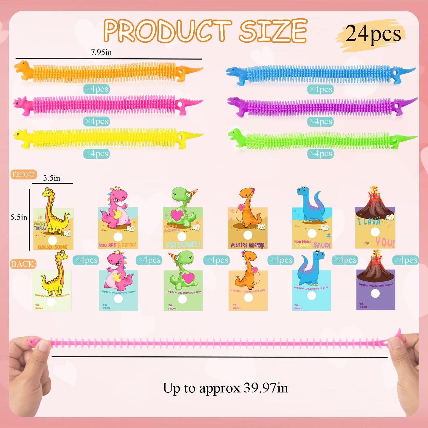 OOINQQ Valentines Day Cards for Kids – 24 Glow-in-the-Dark Dinosaur Stretchy Strings & Cards