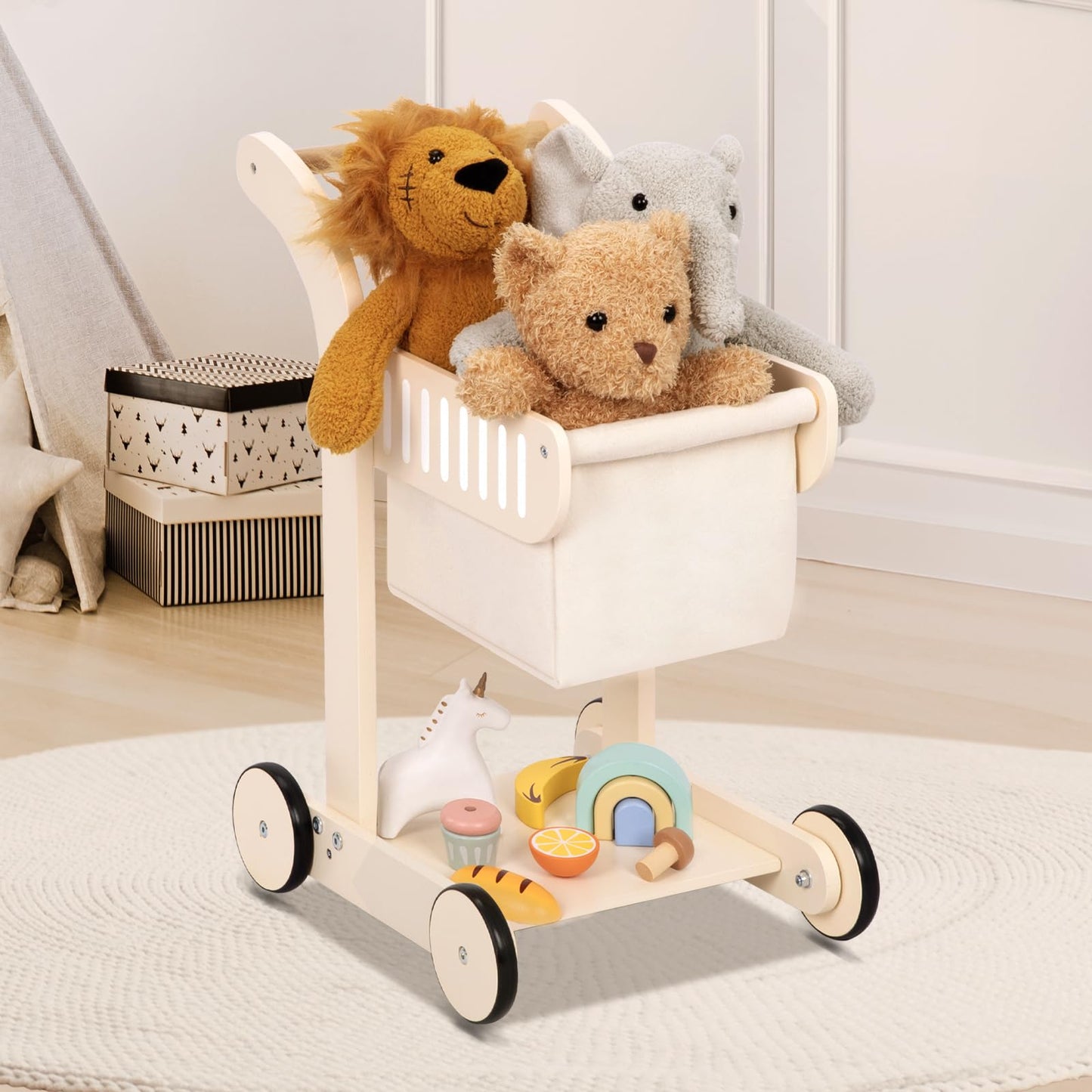 OOOK Baby Push Walker Doll Stroller – Wooden Toddler Walker & Shopping Cart