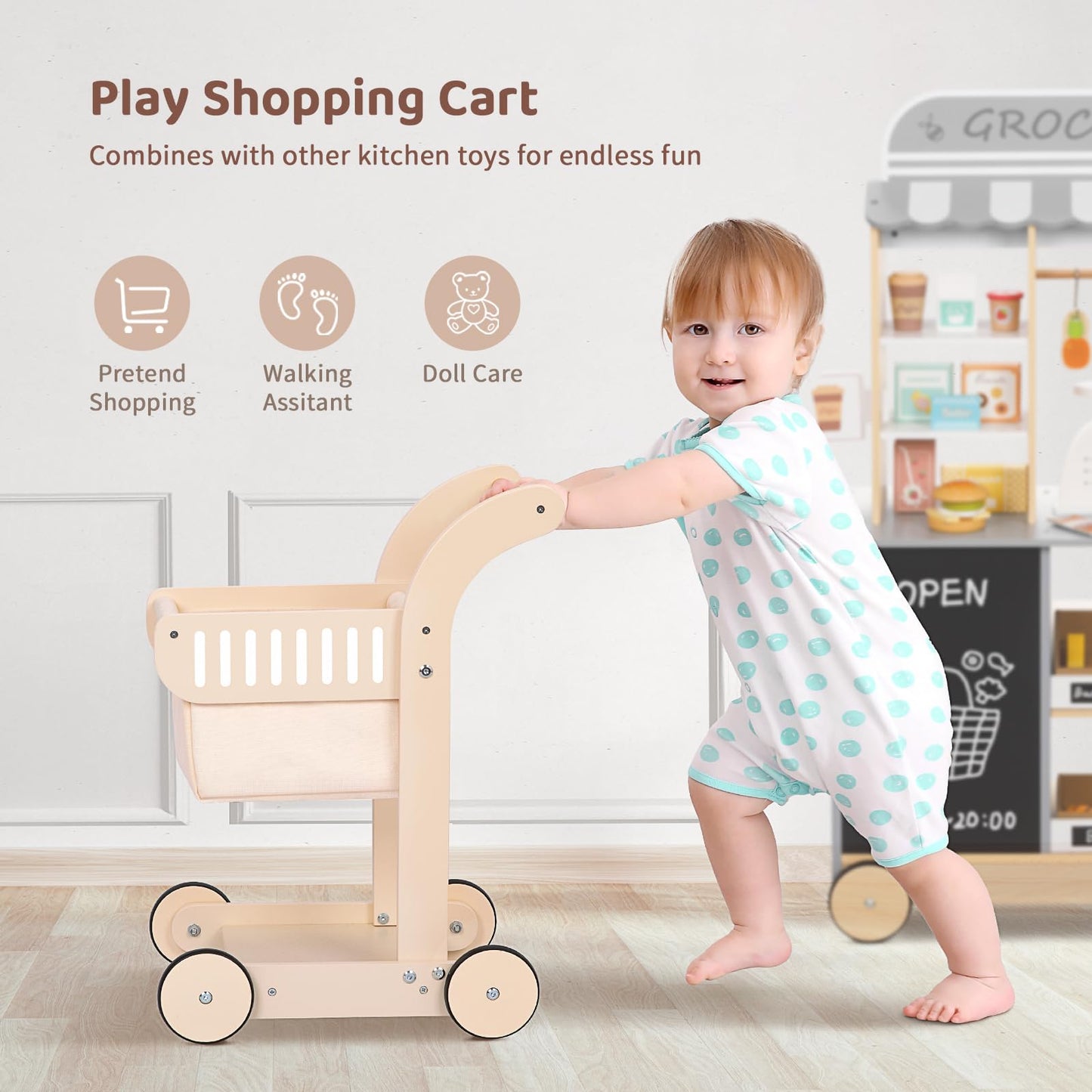 OOOK Baby Push Walker Doll Stroller – Wooden Toddler Walker & Shopping Cart