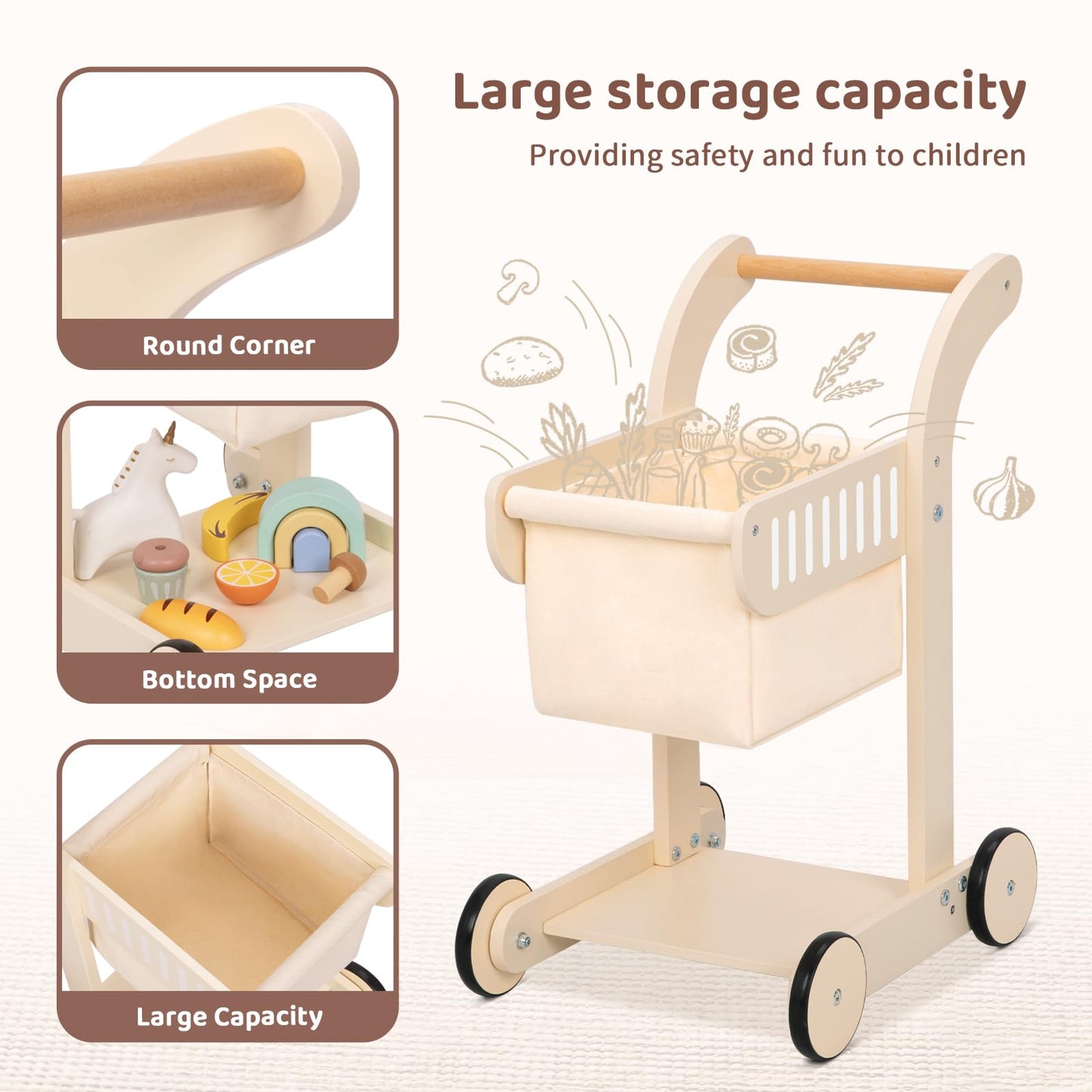 OOOK Baby Push Walker Doll Stroller – Wooden Toddler Walker & Shopping Cart