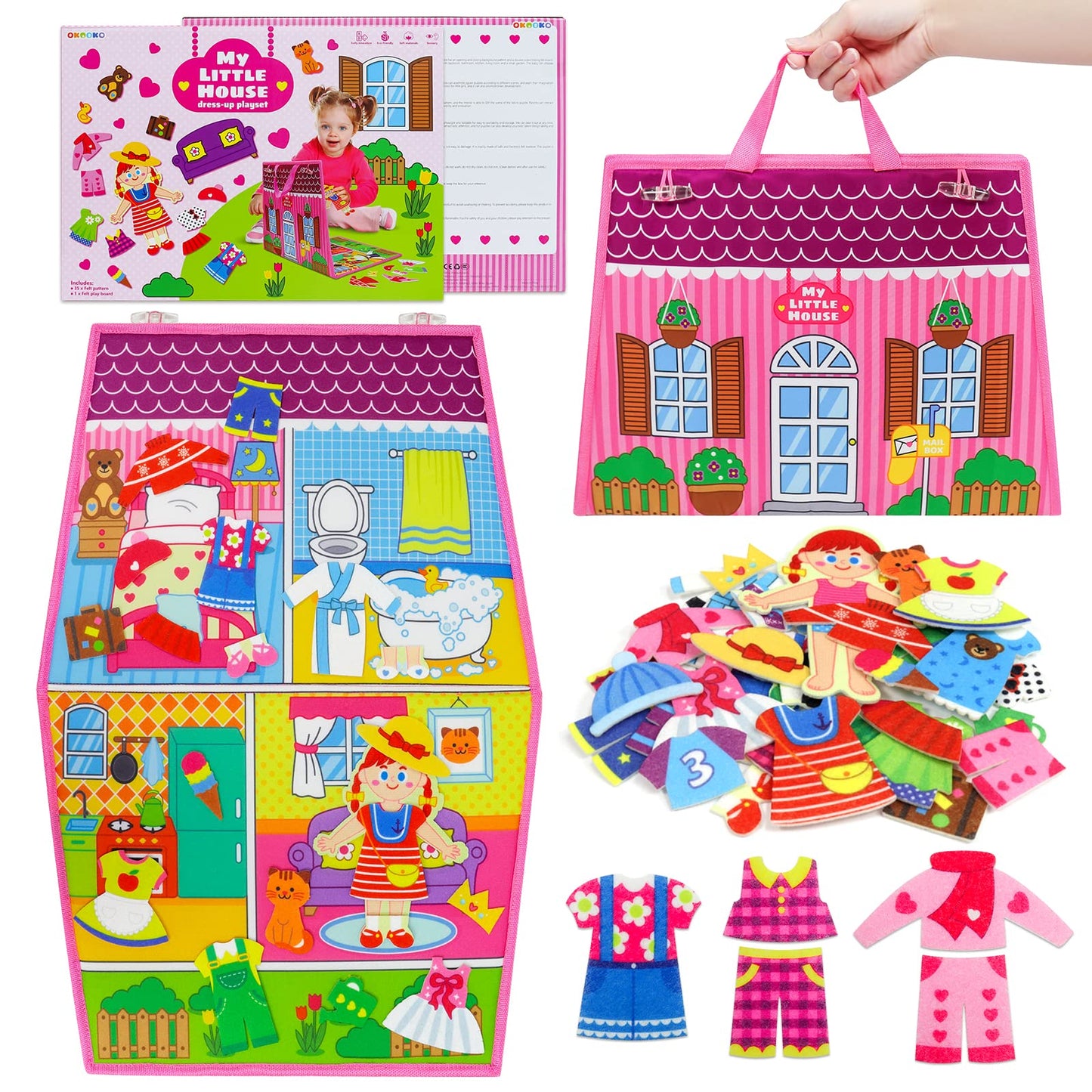 OKOOKO Dress Up House Felt Board – 35-Piece, Double-Sided, Foldable