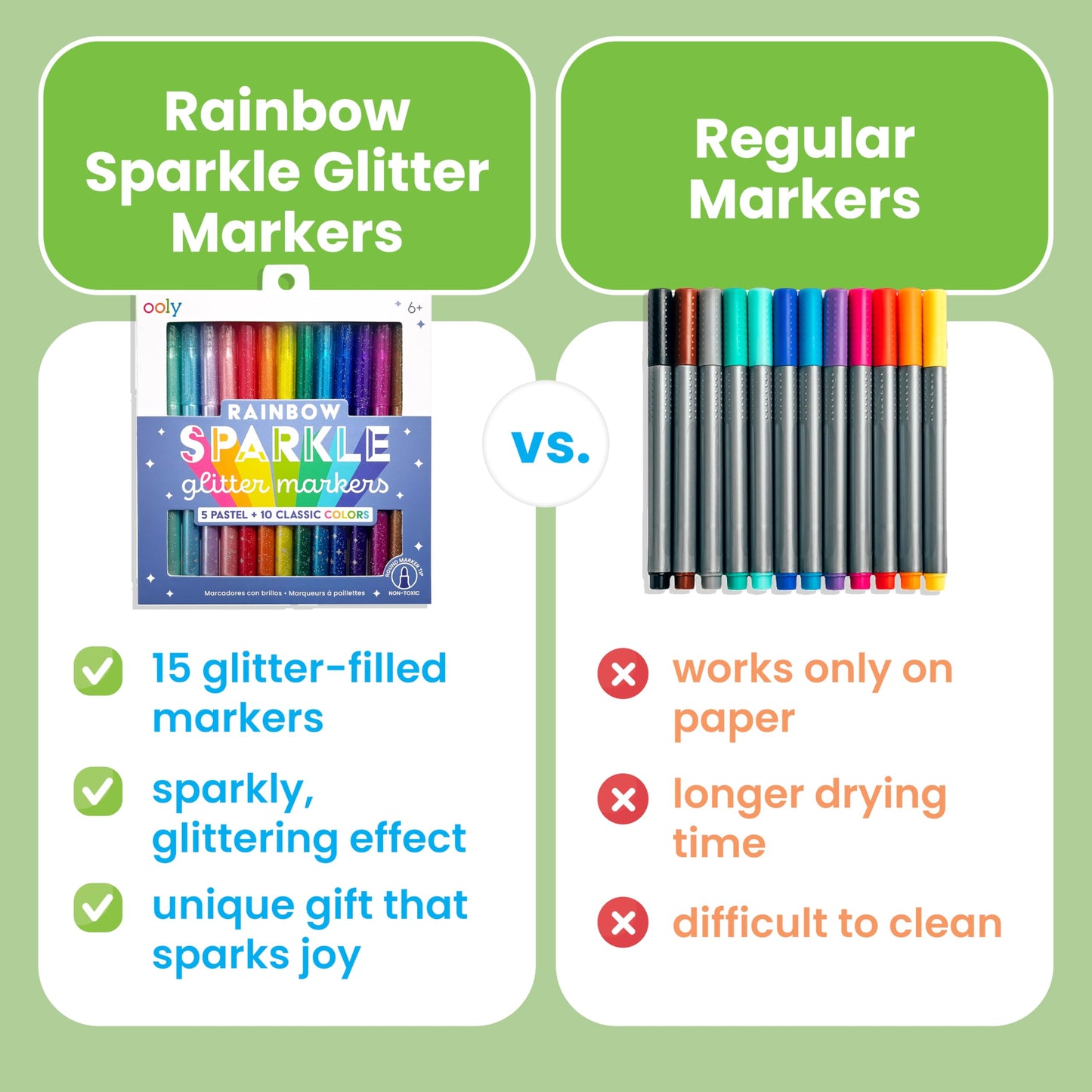 Ooly Rainbow Sparkle Glitter Markers – 15-Color Set with 2mm Nib