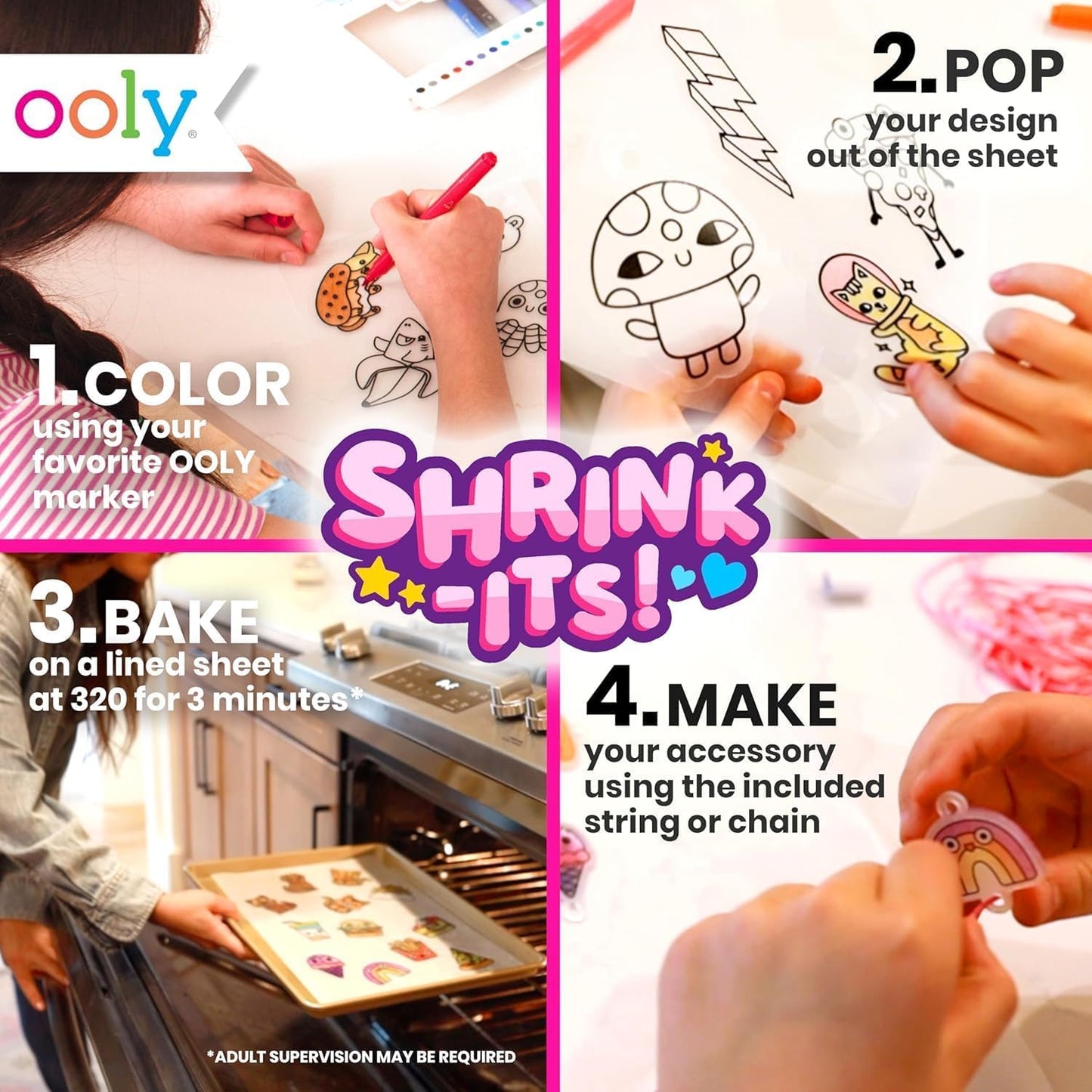 Ooly 74 PC DIY Shrinking Art Kit – No Mess Jewelry Craft with 8 Markers and 48 Pre-Cut Charms