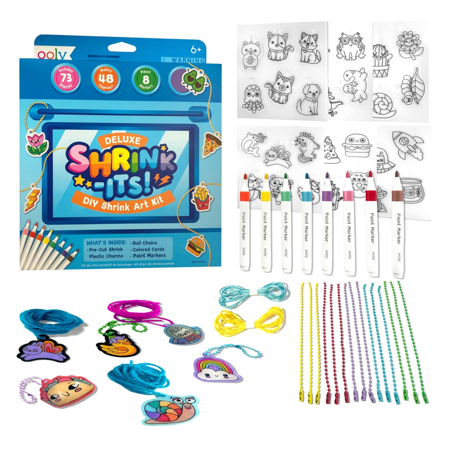 Ooly 74 PC DIY Shrinking Art Kit – No Mess Jewelry Craft with 8 Markers and 48 Pre-Cut Charms
