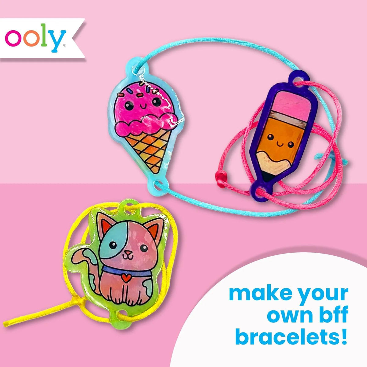 Ooly 24pc DIY Shrinking Art Kit for Kids - Pre-Cut Charms, No Mess Bracelet & Keychain Craft - BFF