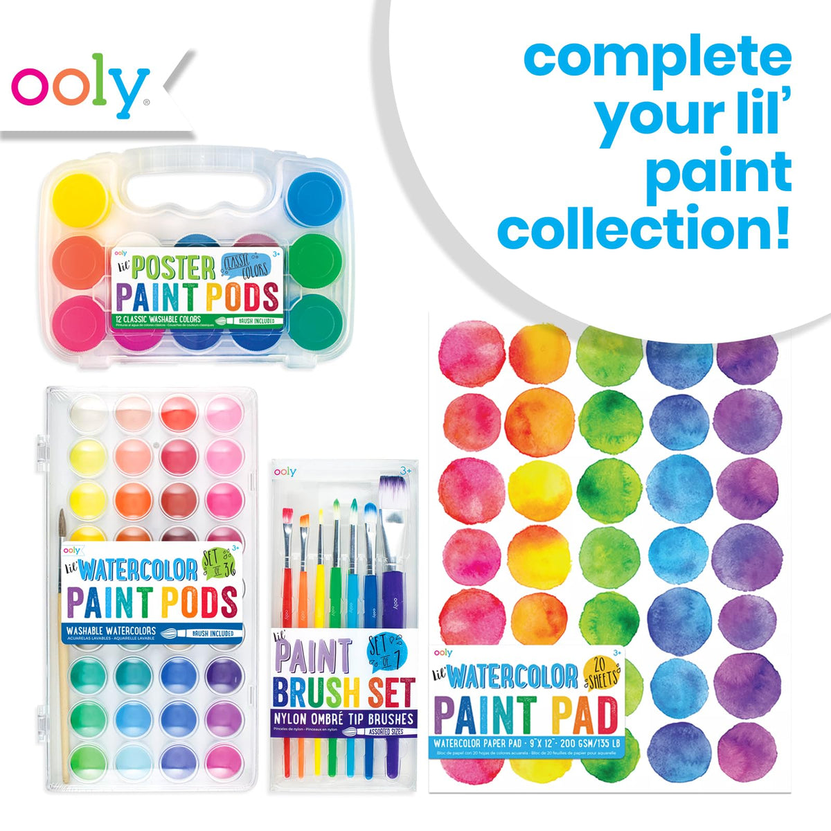 OOLY Lil' Watercolor Paint Pods Set – 36 Bright Washable Colors with Brush in Portable Case