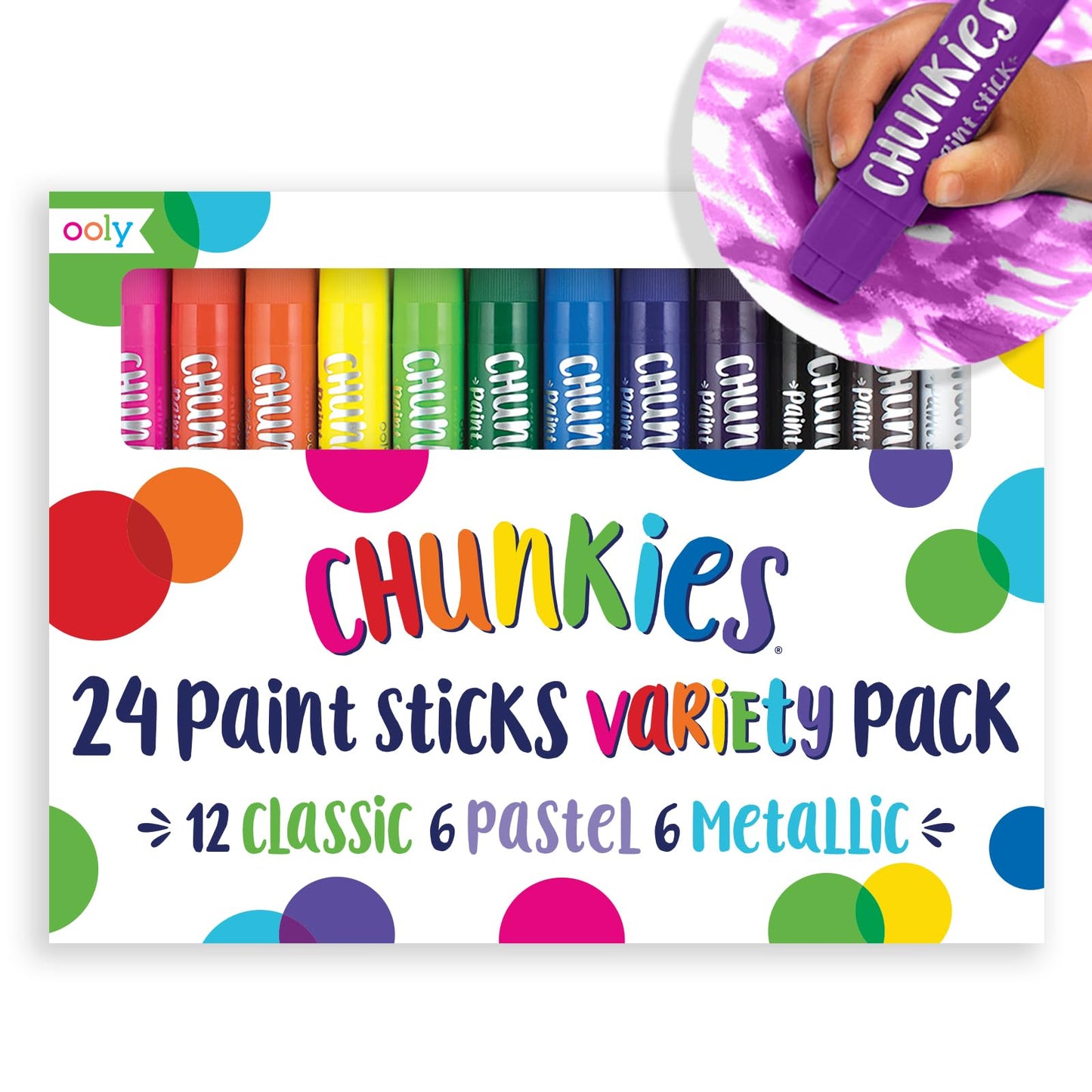OOLY Chunkies 24 Paint Sticks for Kids – No Mess, Quick-Dry Tempera Colors (Classic, Pastel & Metallic)