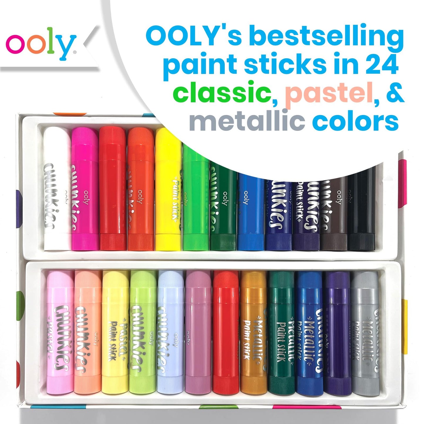 OOLY Chunkies 24 Paint Sticks for Kids – No Mess, Quick-Dry Tempera Colors (Classic, Pastel & Metallic)