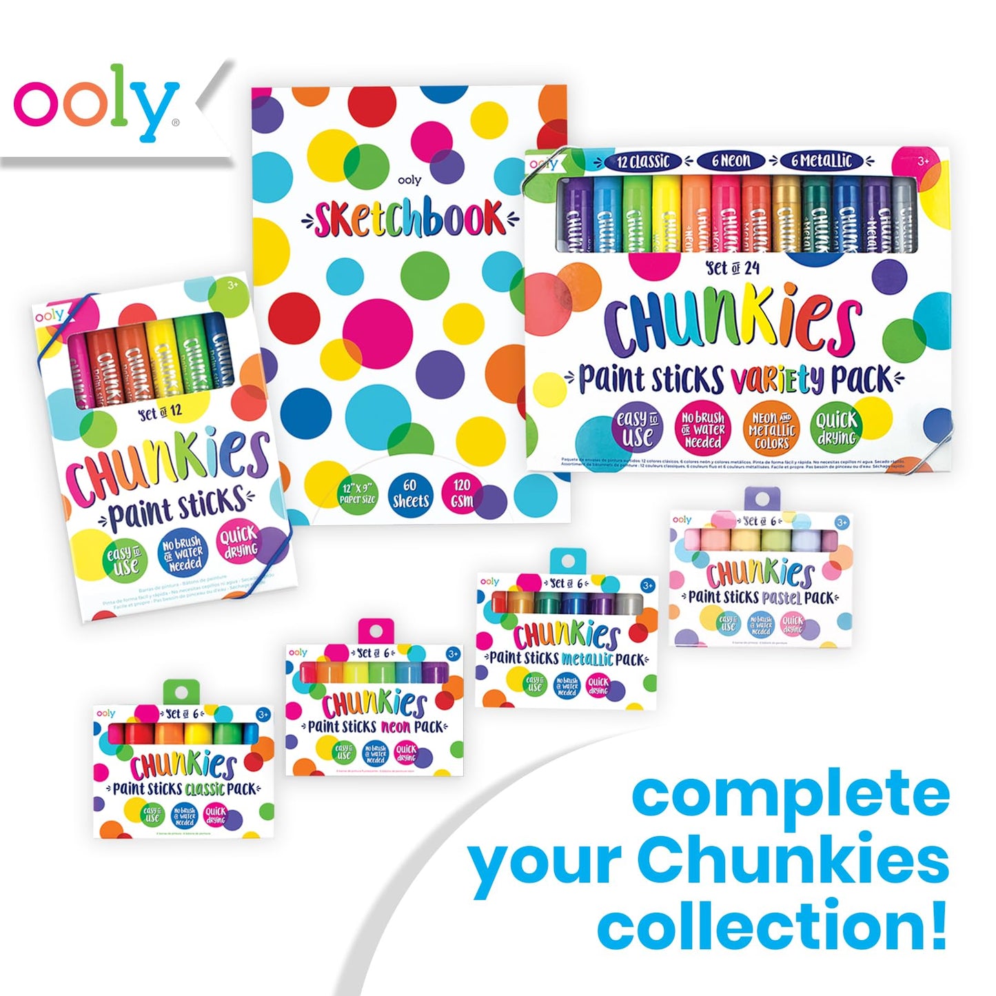 OOLY Chunkies 24 Paint Sticks for Kids – No Mess, Quick-Dry Tempera Colors (Classic, Pastel & Metallic)