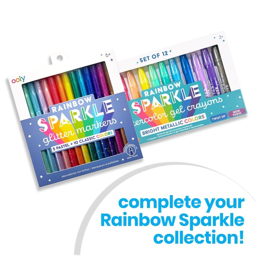 Ooly Rainbow Sparkle Metallic Watercolor Gel Crayons – 12-Piece Set | Glitter Twistable Markers for Kids