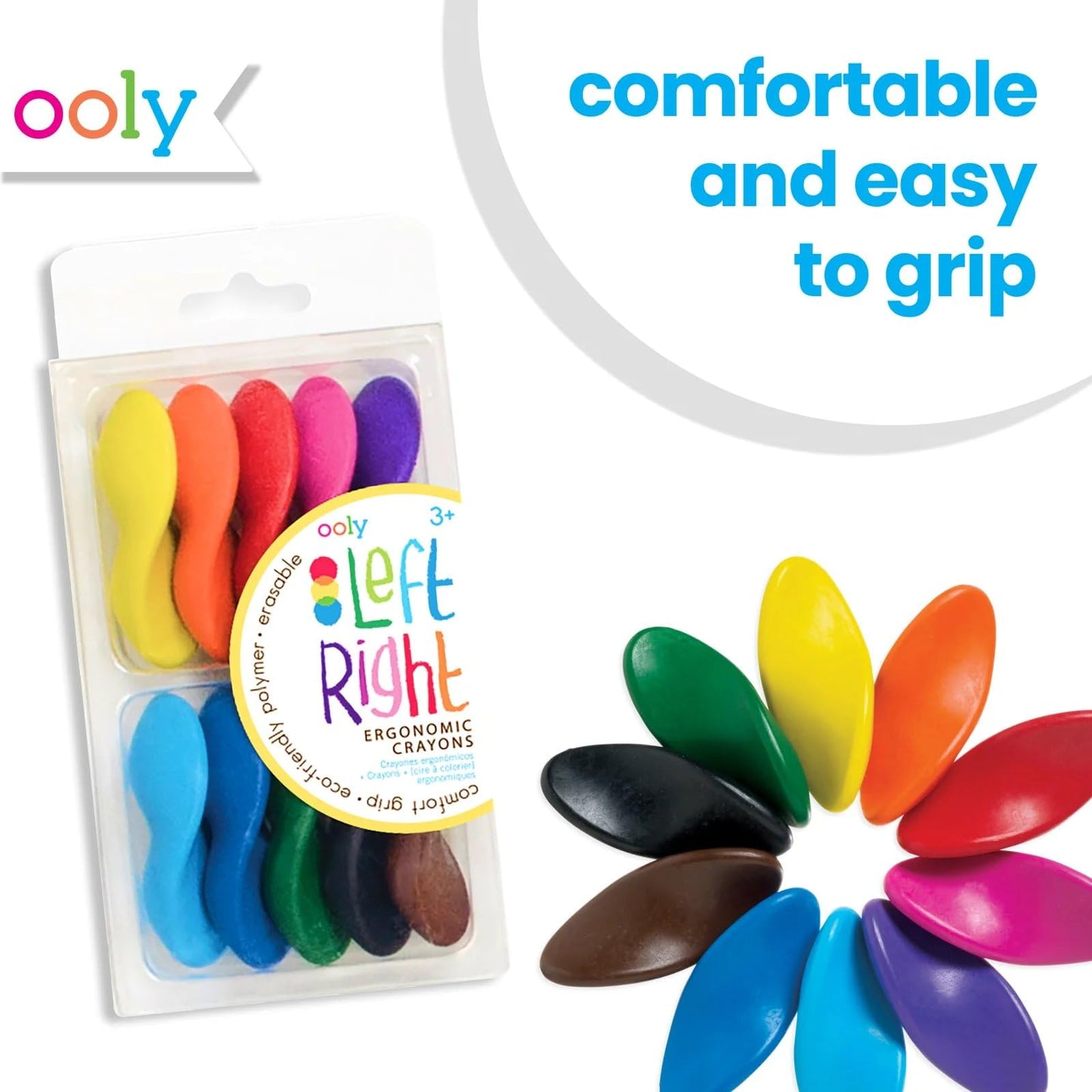 Ooly Ergonomic Erasable Crayons for Kids – 10 Bright, Non-Toxic Colors, No Rolling