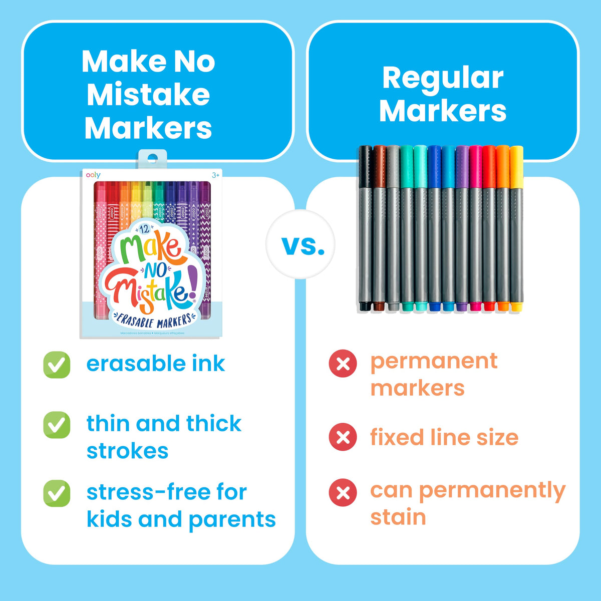 OOLY Make No Mistake Erasable Markers – 12 Mess-Free Color Pens for Kids & Adults