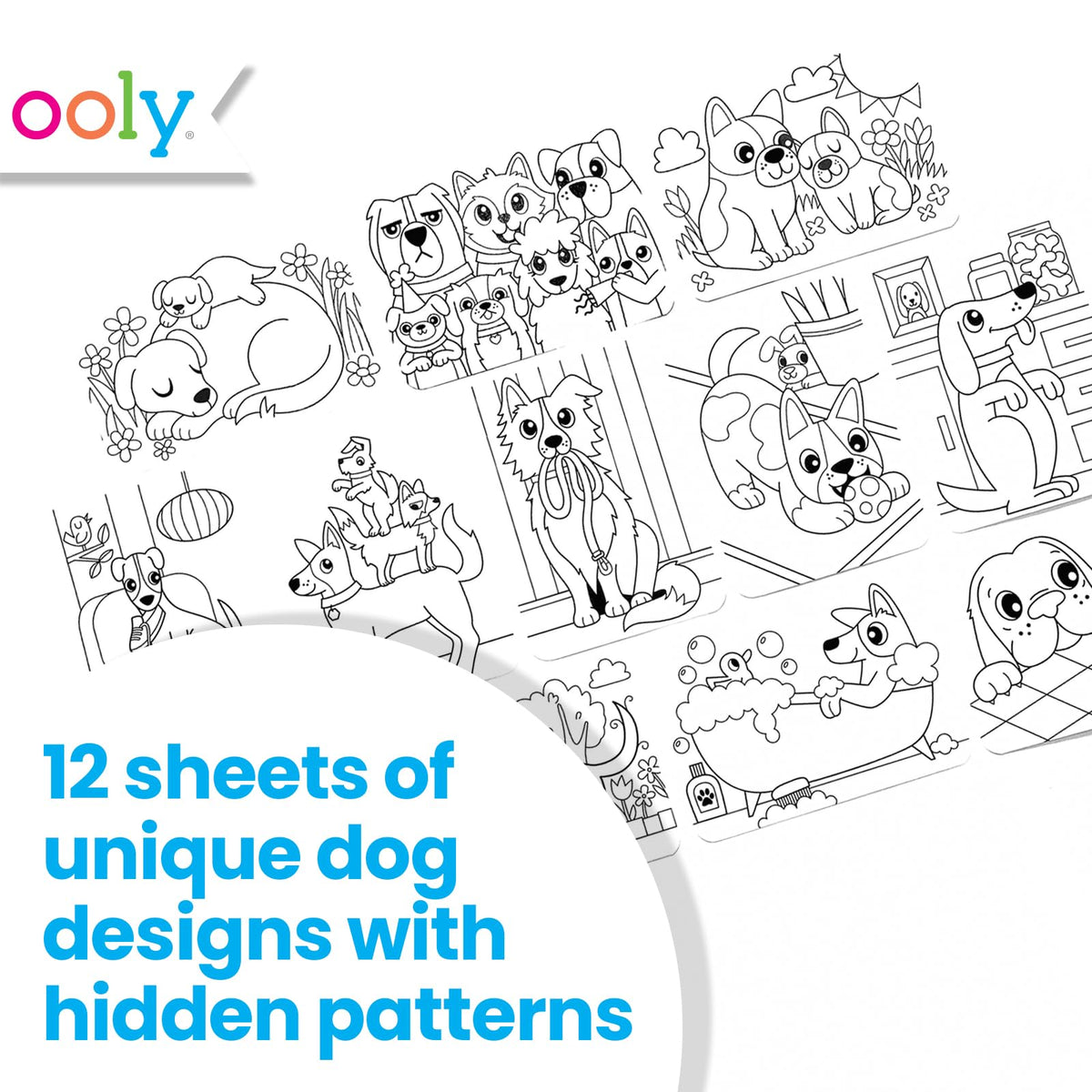 Ooly Undercover Art Hidden Pattern Coloring Cards – 12 Dog Designs for Kids | Non-Toxic Travel Activity Kit