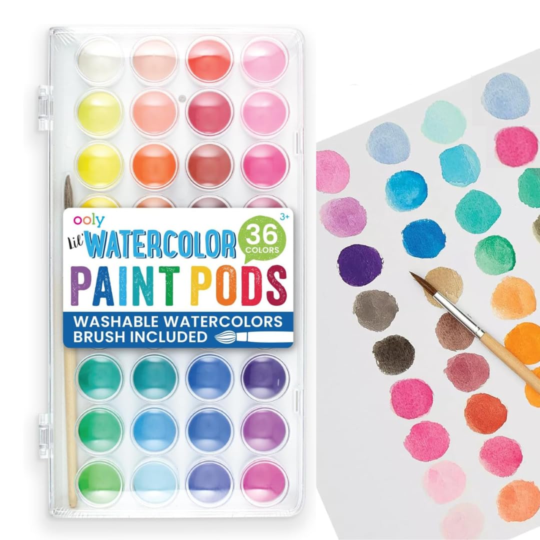 OOLY Lil' Watercolor Paint Pods Set – 36 Bright Washable Colors with Brush in Portable Case