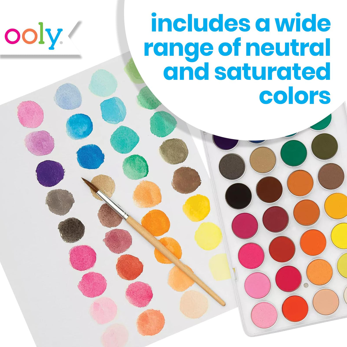 OOLY Lil' Watercolor Paint Pods Set – 36 Bright Washable Colors with Brush in Portable Case