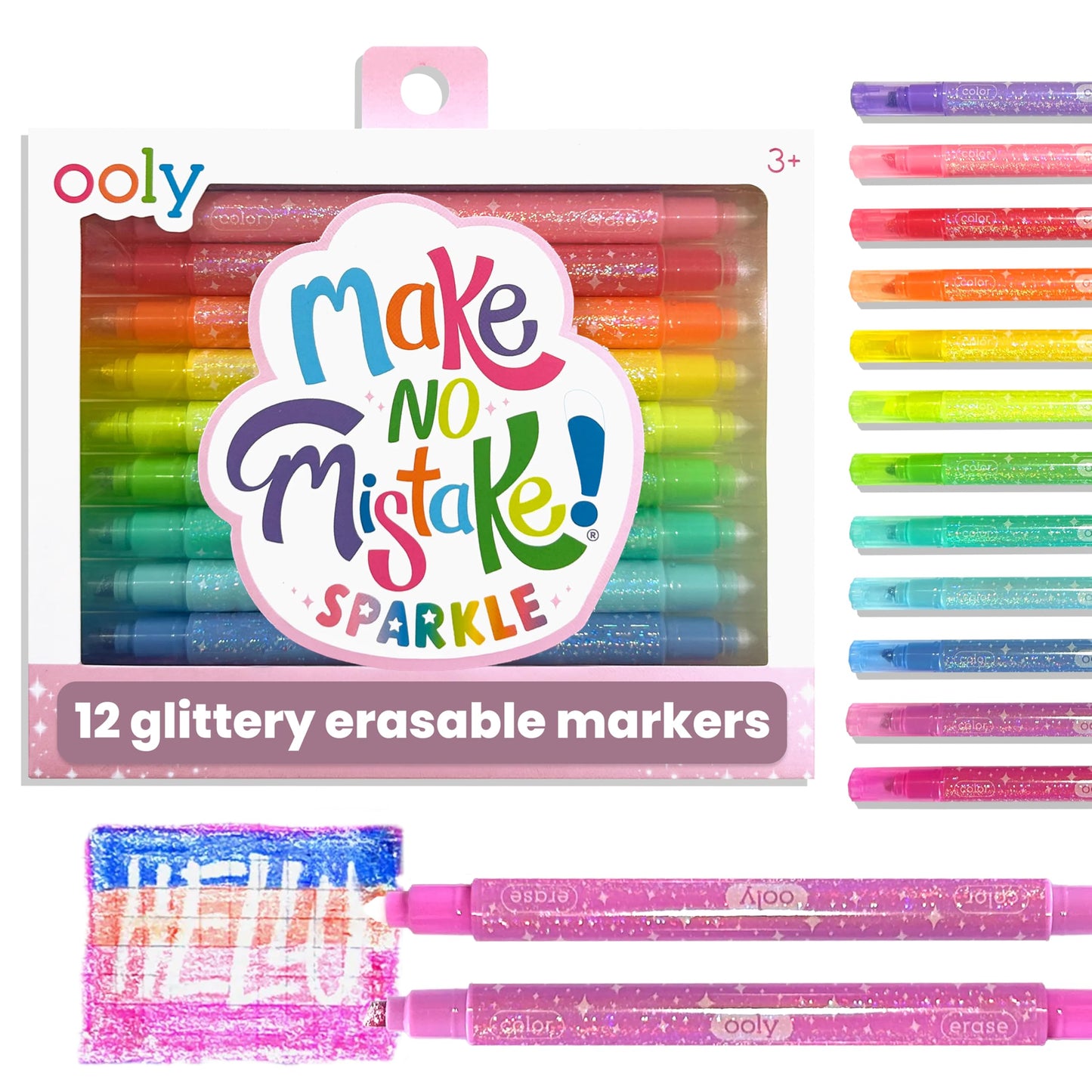 Ooly Make No Mistake Glittery Erasable Markers – 12 Vibrant, Erasable Glitter Markers