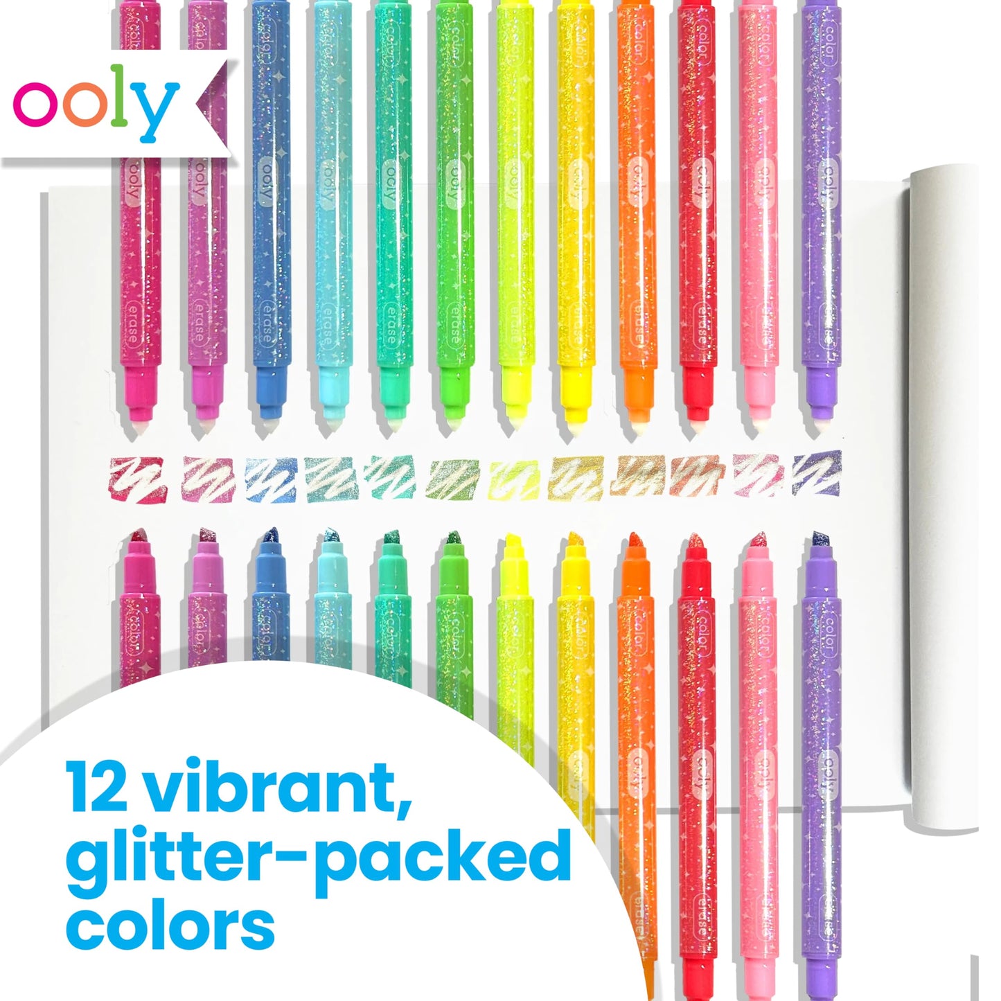 Ooly Make No Mistake Glittery Erasable Markers – 12 Vibrant, Erasable Glitter Markers