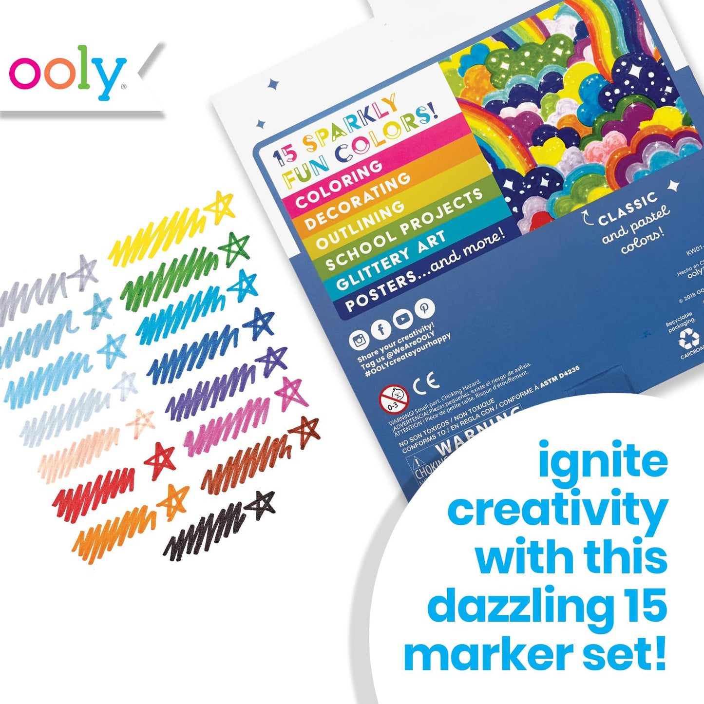 Ooly Rainbow Sparkle Glitter Markers – 15-Color Set with 2mm Nib