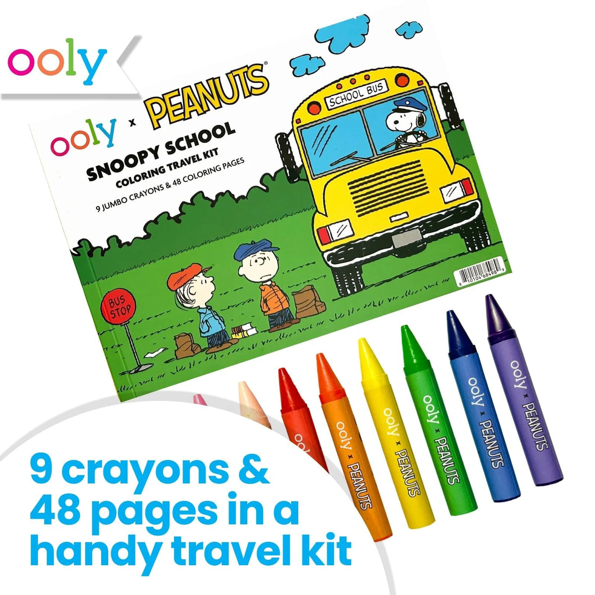 Ooly x Peanuts Travel Art Kit — 9 Jumbo Crayons, 48 Themed Coloring Pages & Case for On-the-Go Kids