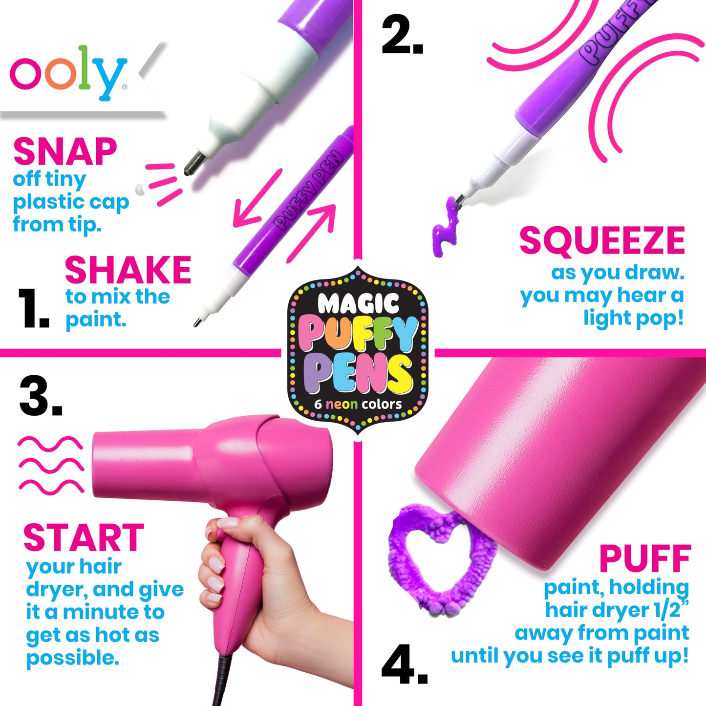 Ooly Puffy Paint Neon Gel Pens Set of 6 & Sketchbook Bundle – 3D Foam Texture Art
