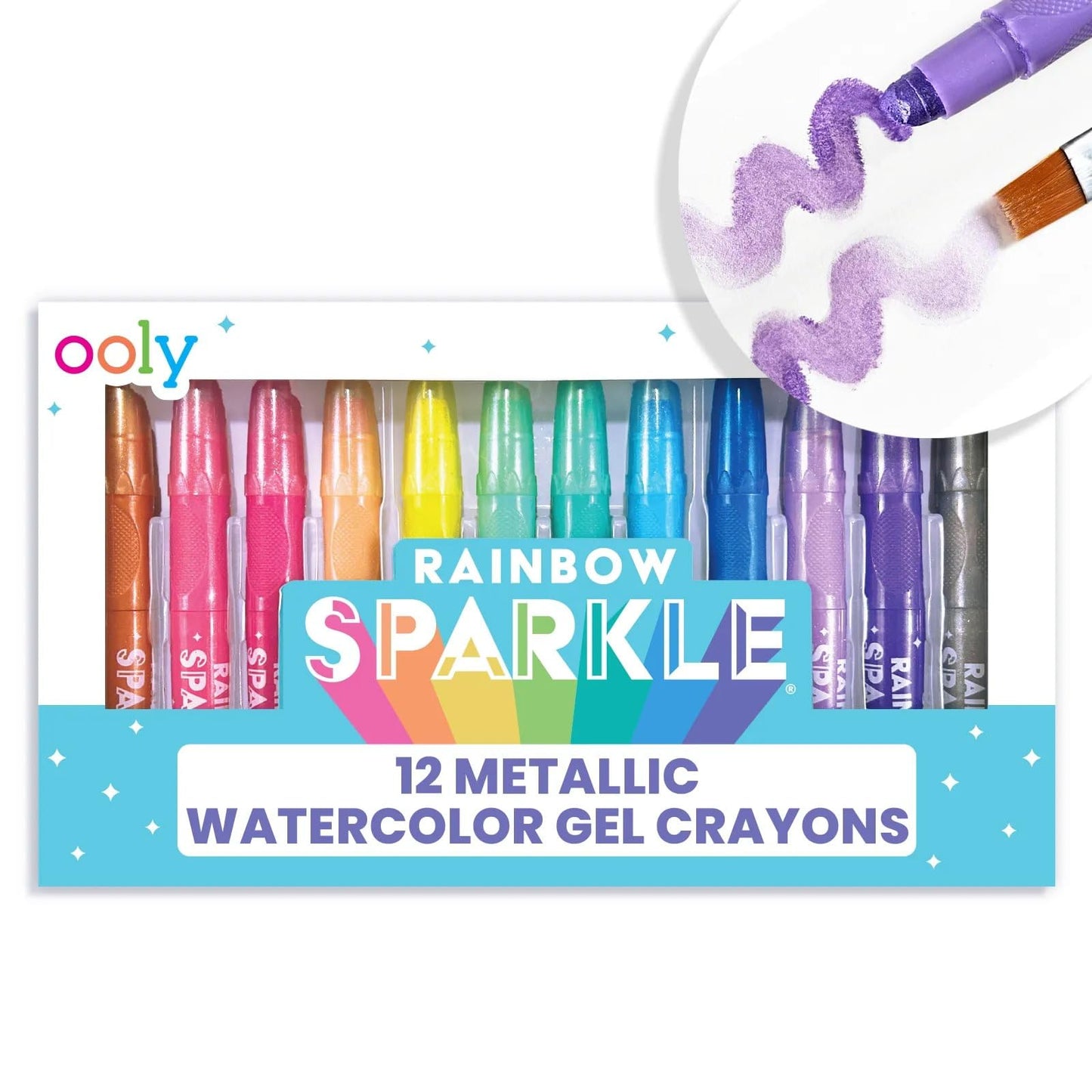 Ooly Rainbow Sparkle Metallic Watercolor Gel Crayons – 12-Piece Set | Glitter Twistable Markers for Kids