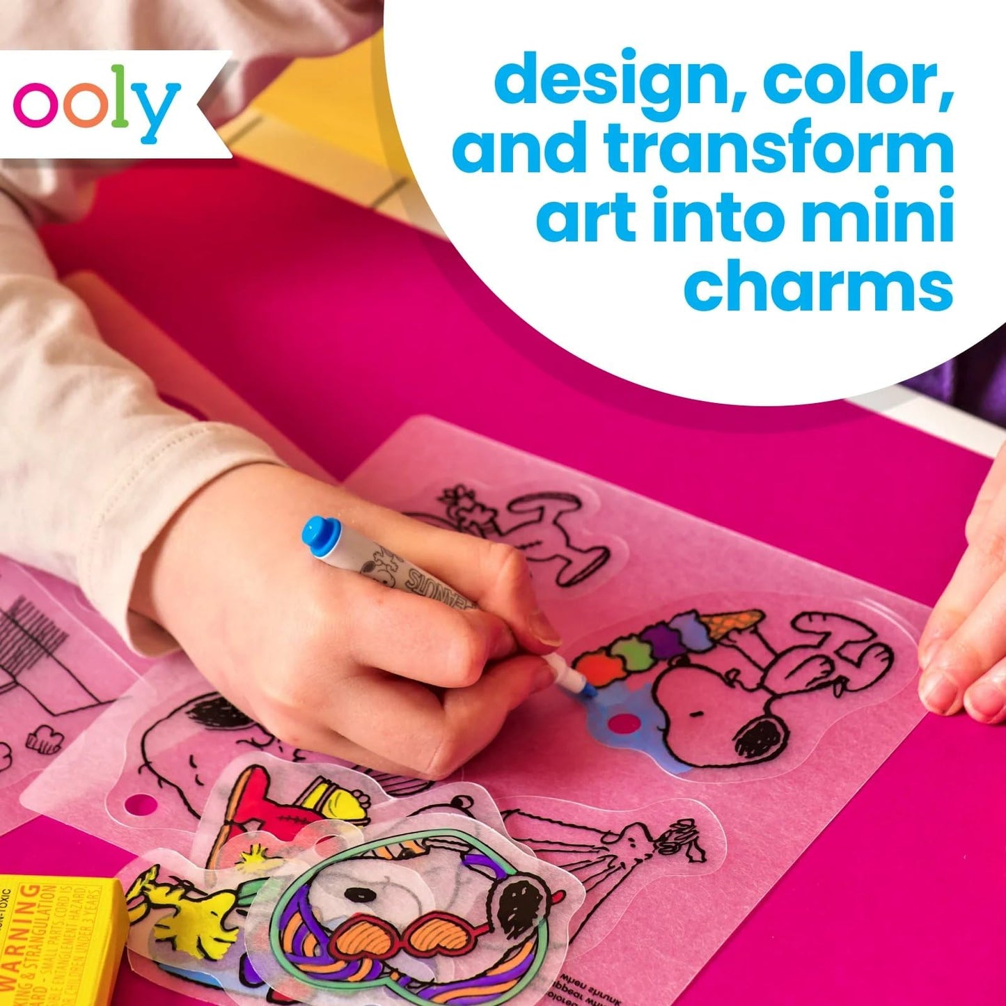Ooly x Peanuts Snoopy 34-Piece Shrinking Art Kit for Kids – No Mess DIY Jewelry