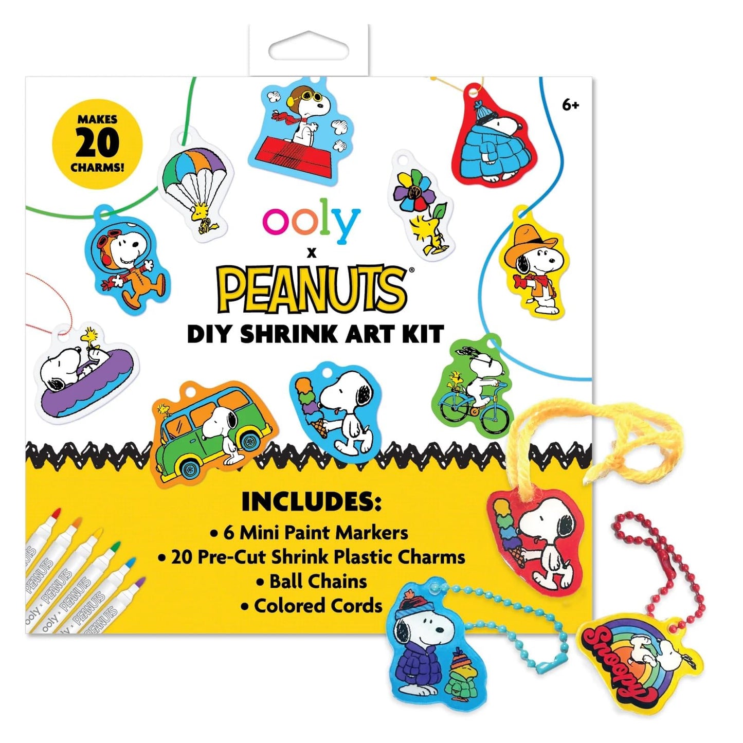 Ooly x Peanuts Snoopy 34-Piece Shrinking Art Kit for Kids – No Mess DIY Jewelry