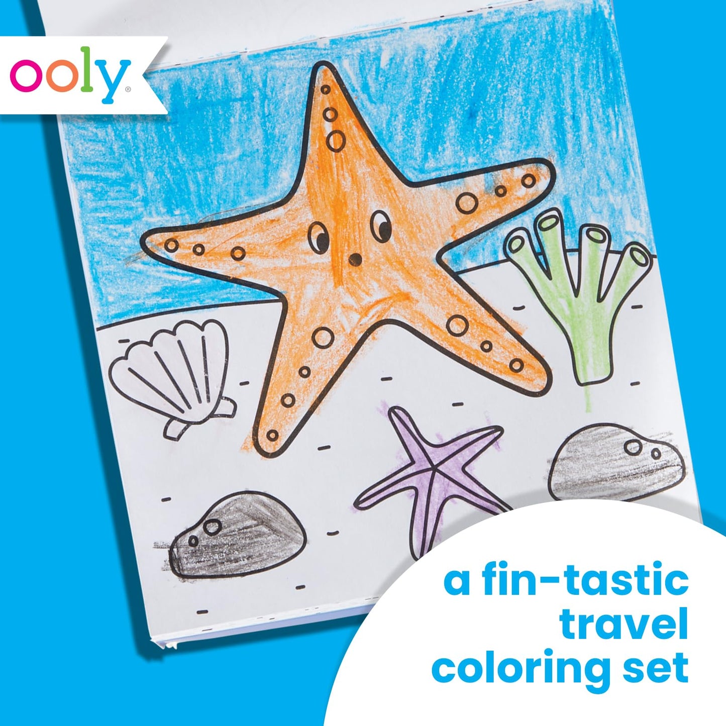 Ooly Travel Art Kit – 9 Jumbo Crayons & 48 Themed Coloring Pages with Case | Sea Life
