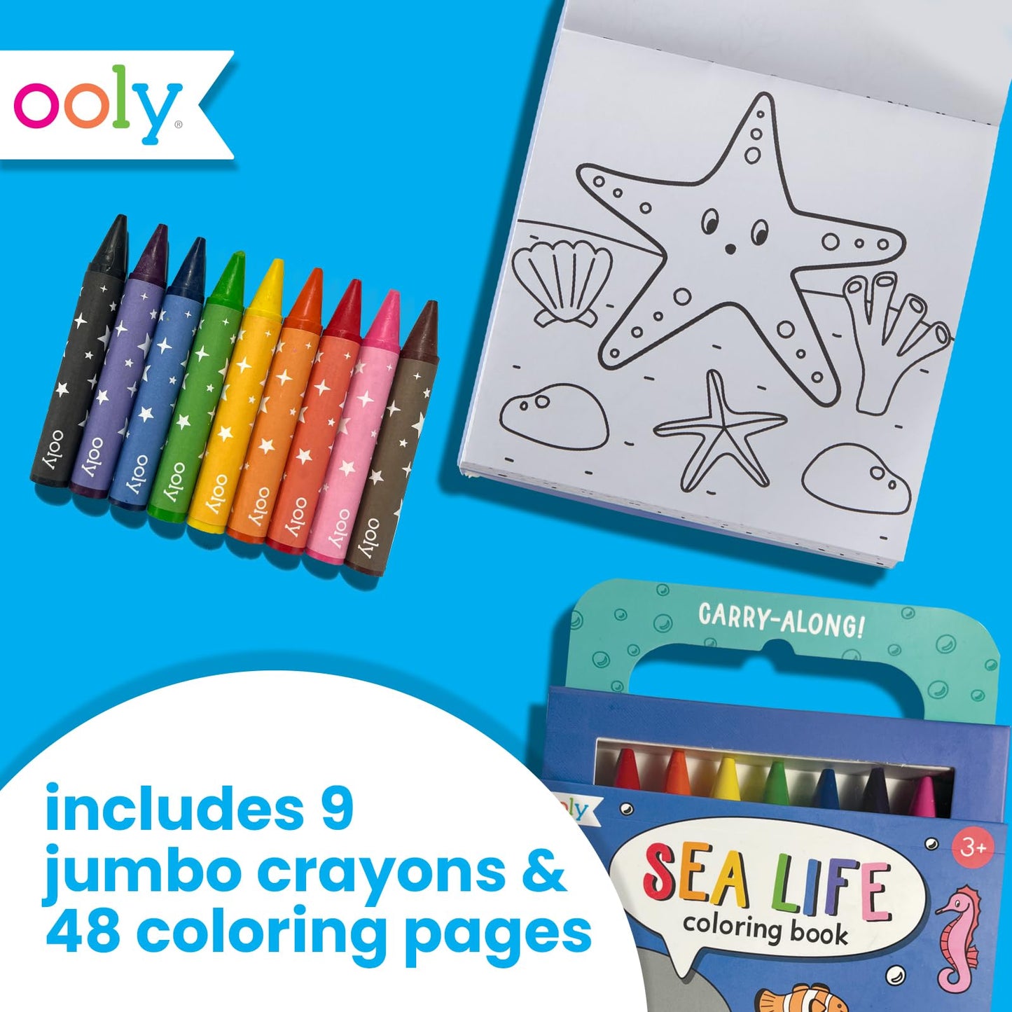 Ooly Travel Art Kit – 9 Jumbo Crayons & 48 Themed Coloring Pages with Case | Sea Life