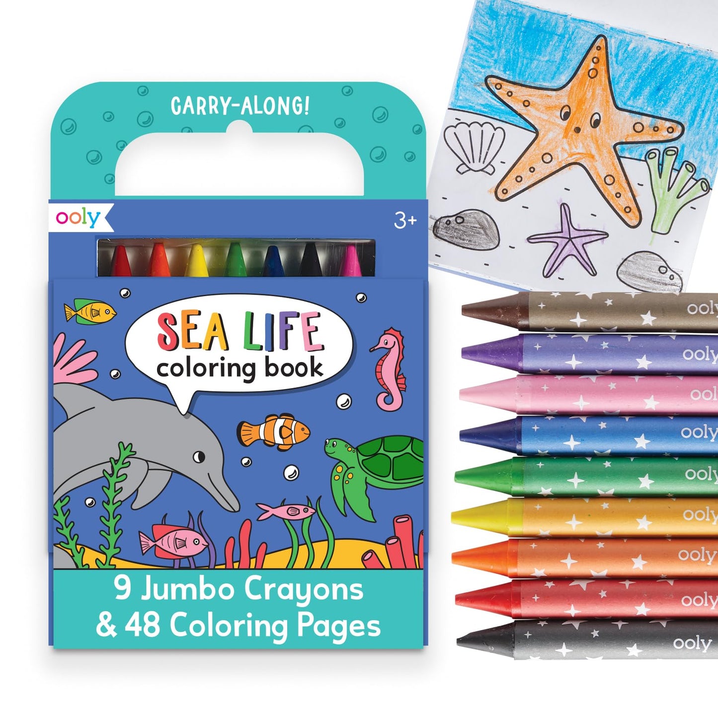 Ooly Travel Art Kit – 9 Jumbo Crayons & 48 Themed Coloring Pages with Case | Sea Life