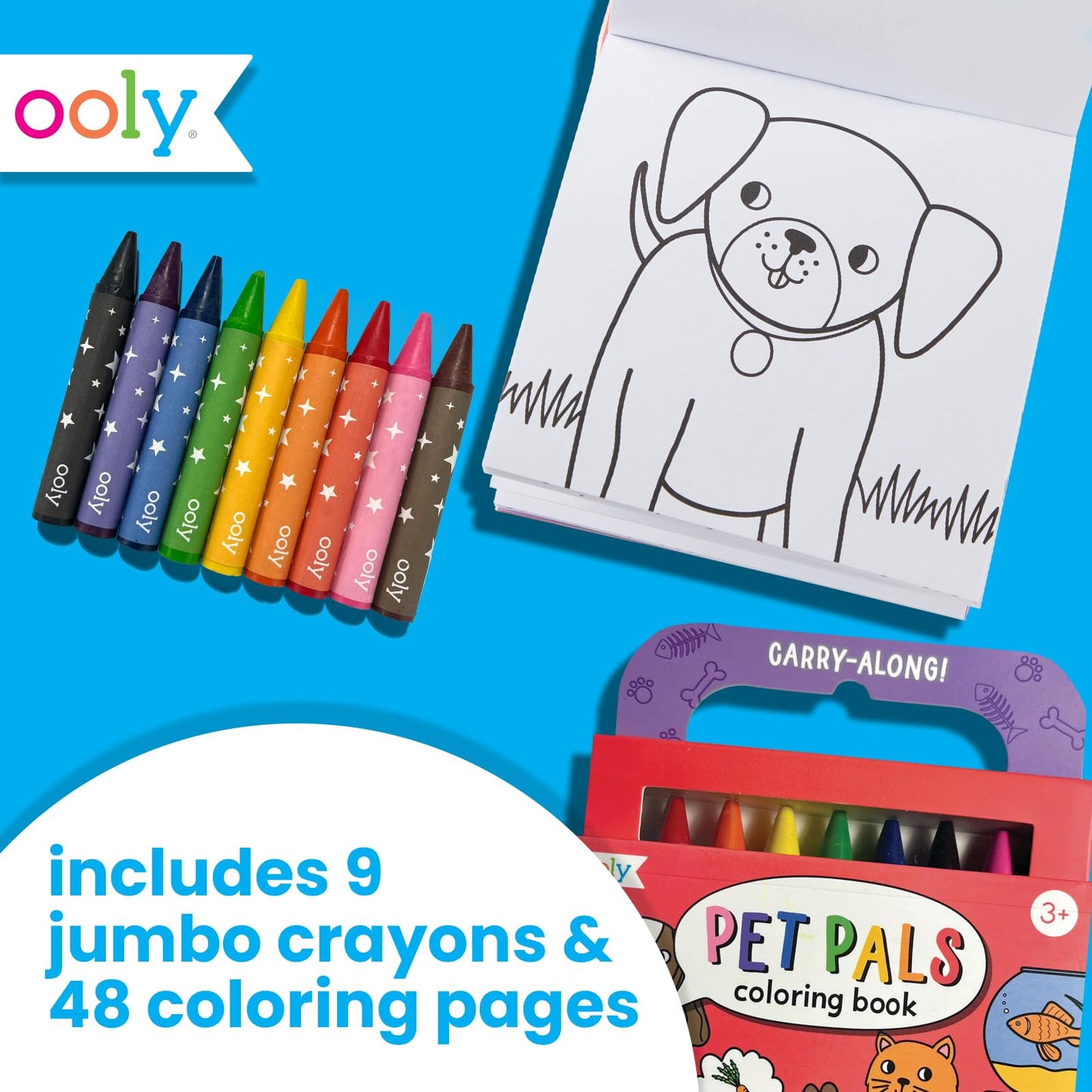 Ooly Travel Art Kit – 9 Jumbo Crayons, 48 Themed Pages, Carry Case | Pet Pals