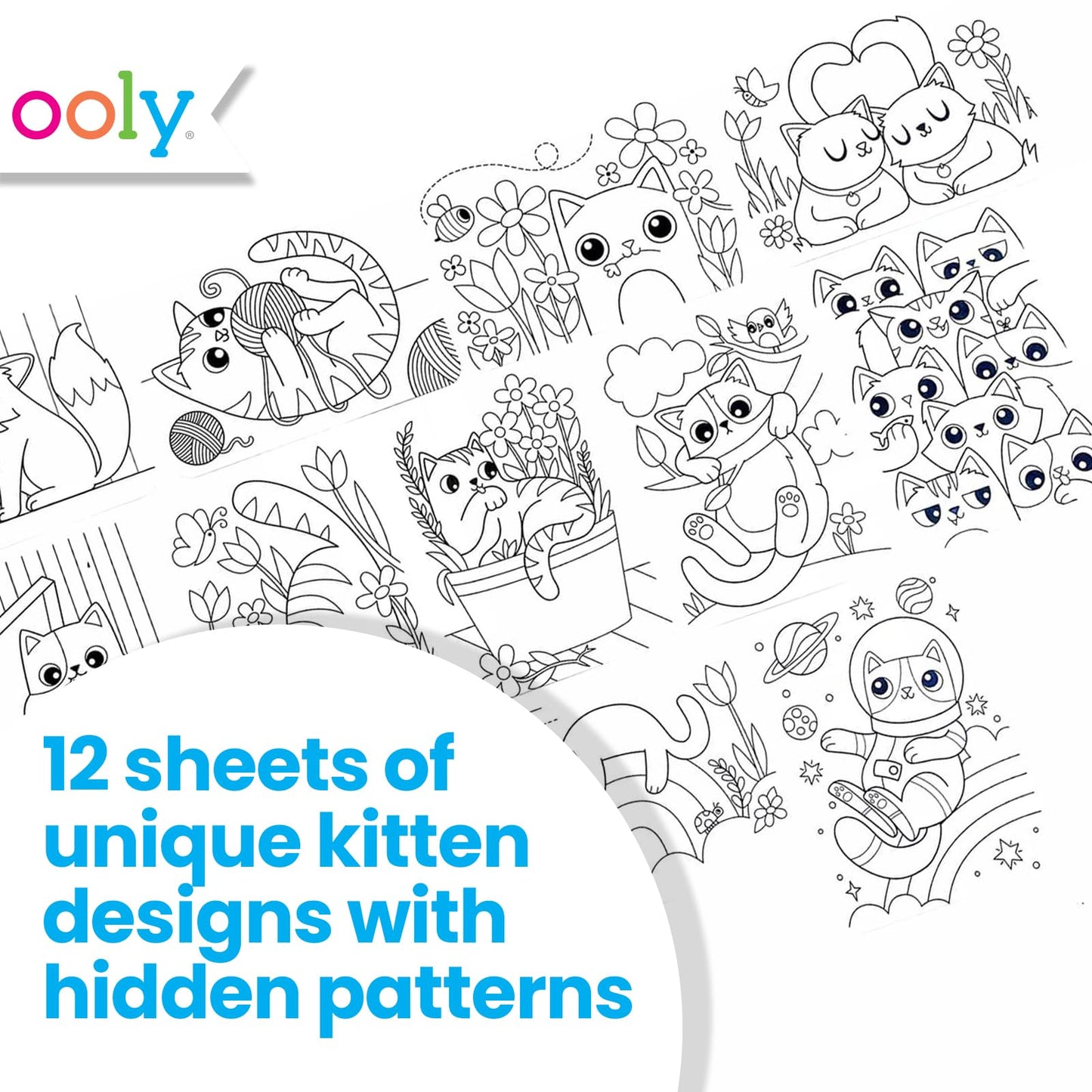 Ooly Undercover Art: Hidden Pattern Coloring Kit for Kids – 12 Kitten Designs