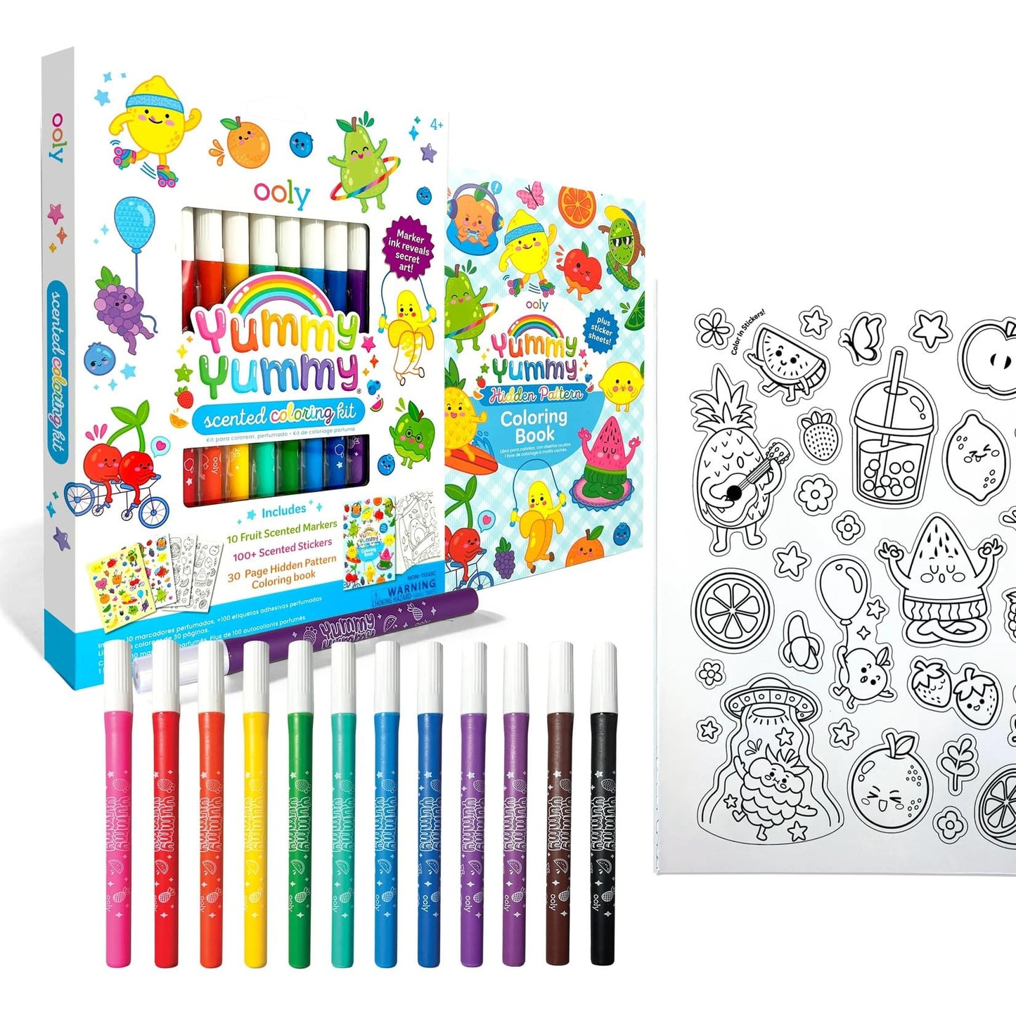 Ooly Yummy Yummy Coloring Kit – 10 Scented Markers, 100+ Stickers, 30-Page Hidden Pattern Book | Travel Art Set