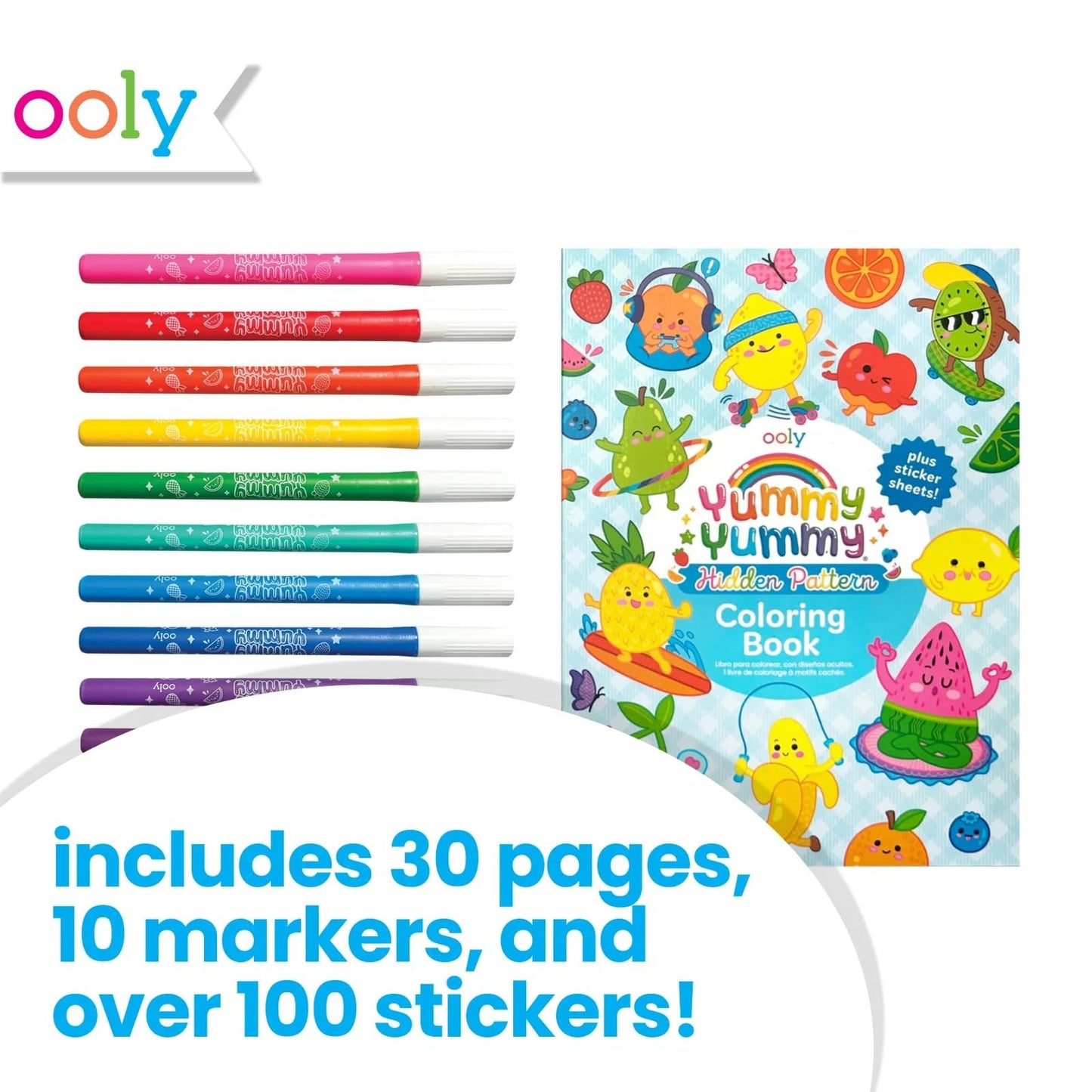 Ooly Yummy Yummy Coloring Kit – 10 Scented Markers, 100+ Stickers, 30-Page Hidden Pattern Book | Travel Art Set