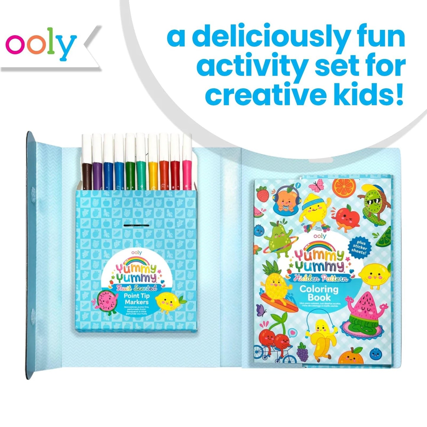 Ooly Yummy Yummy Coloring Kit – 10 Scented Markers, 100+ Stickers, 30-Page Hidden Pattern Book | Travel Art Set