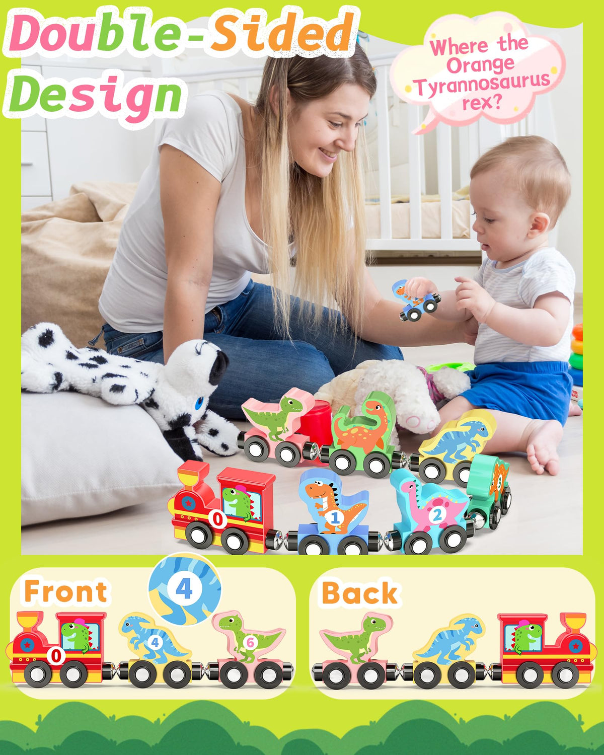 Oomloid 11-Piece Magnetic Dinosaur Train Set – Montessori Wooden Toys for Ages 1-4