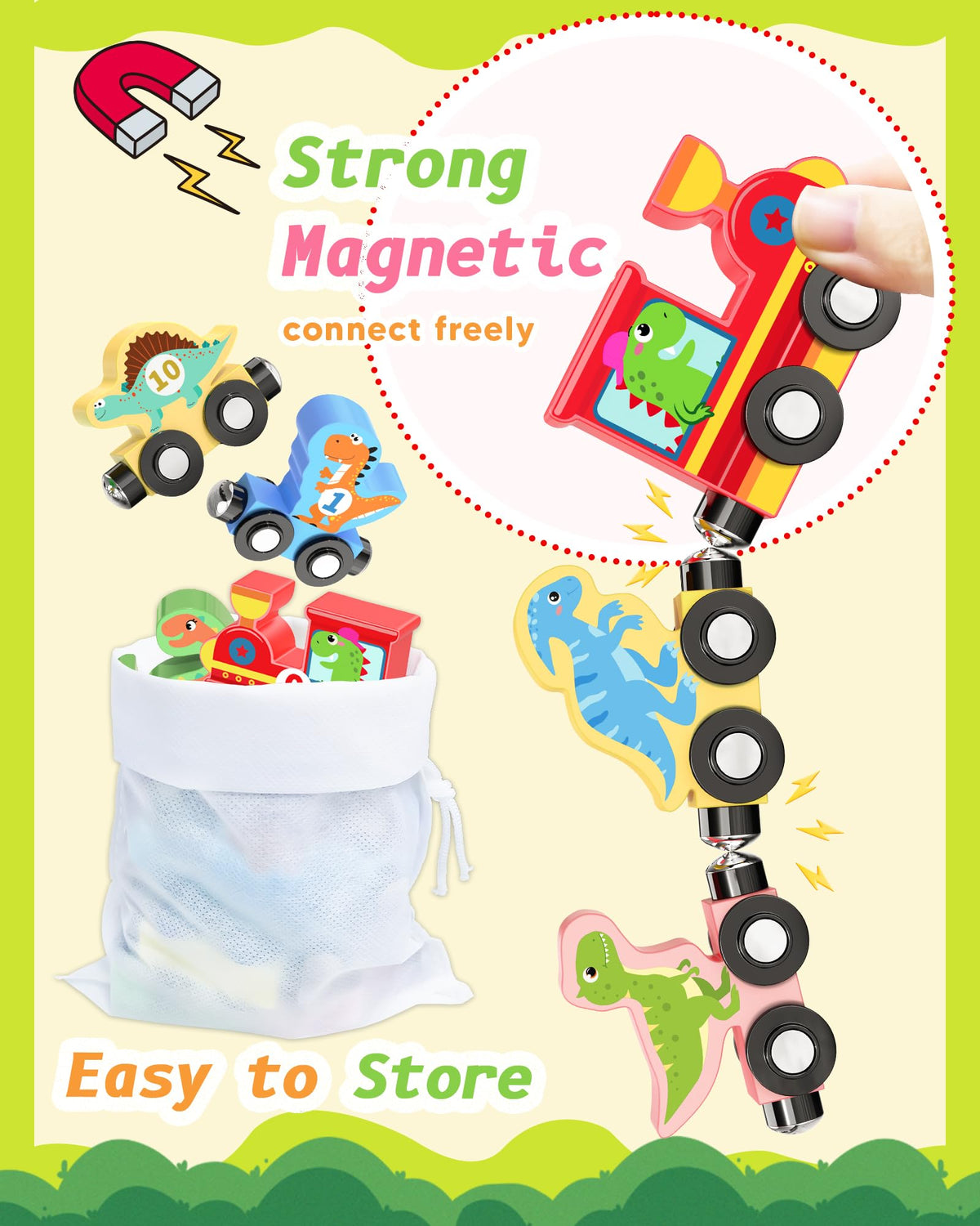 Oomloid 11-Piece Magnetic Dinosaur Train Set – Montessori Wooden Toys for Ages 1-4