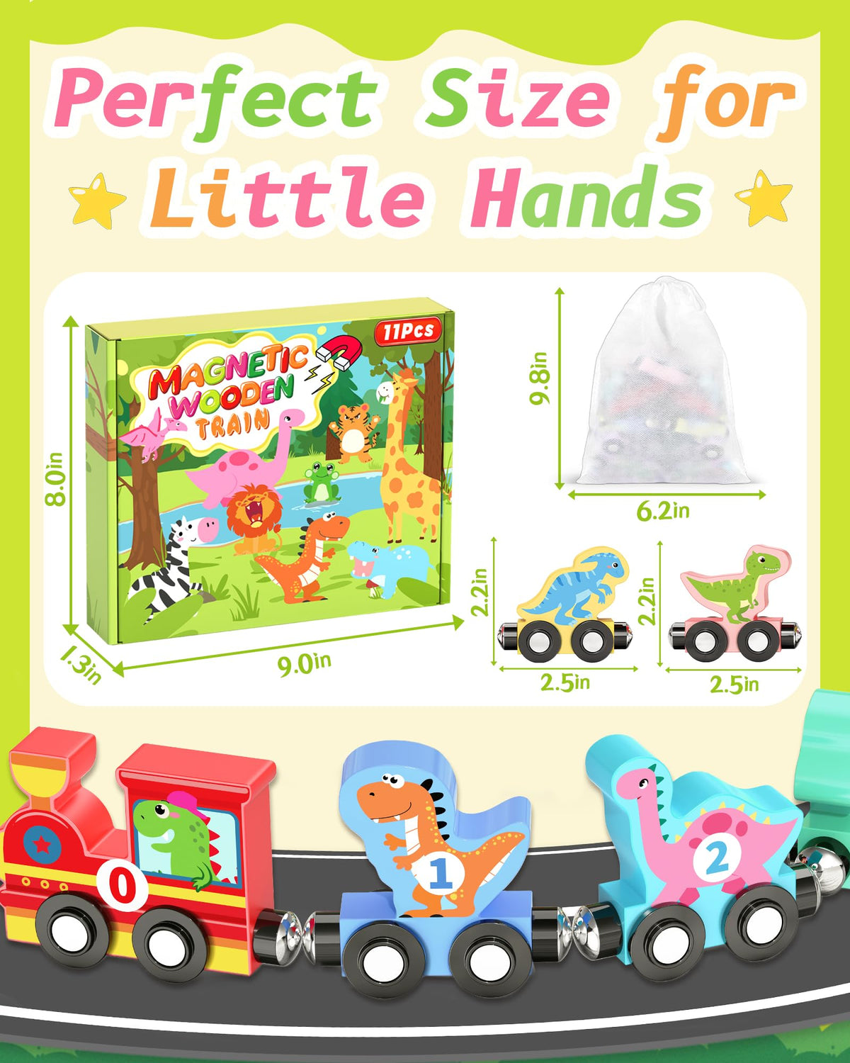 Oomloid 11-Piece Magnetic Dinosaur Train Set – Montessori Wooden Toys for Ages 1-4
