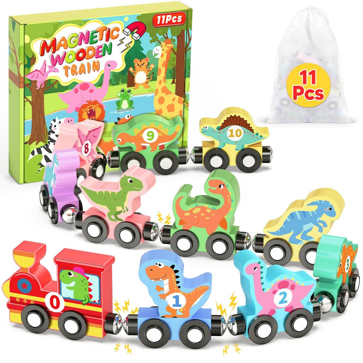 Oomloid 11-Piece Magnetic Dinosaur Train Set – Montessori Wooden Toys for Ages 1-4