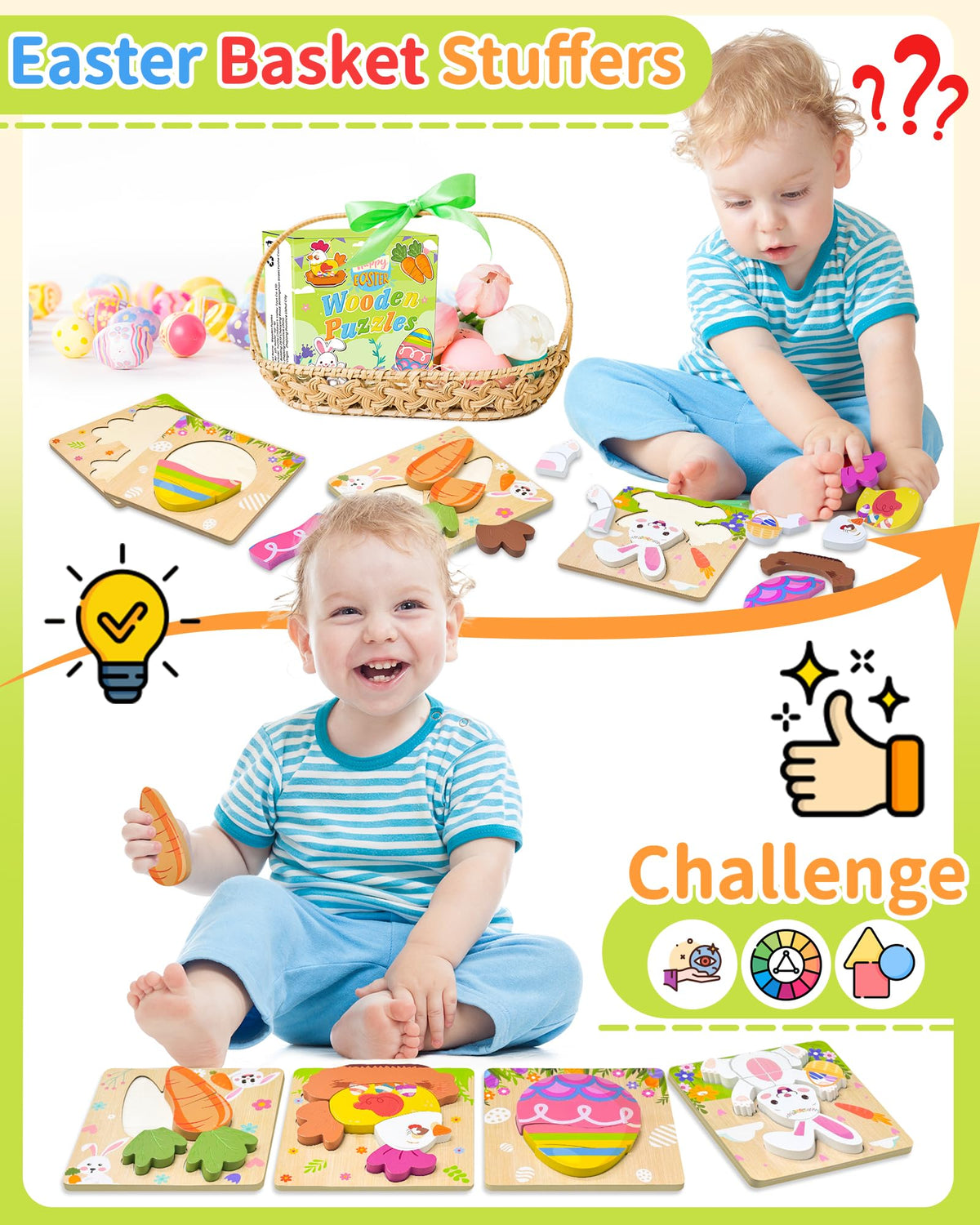 Oomloid Easter Wooden Puzzles 4-Pack – Montessori Toddler Toys, Party Favors & Easter Basket Essentials