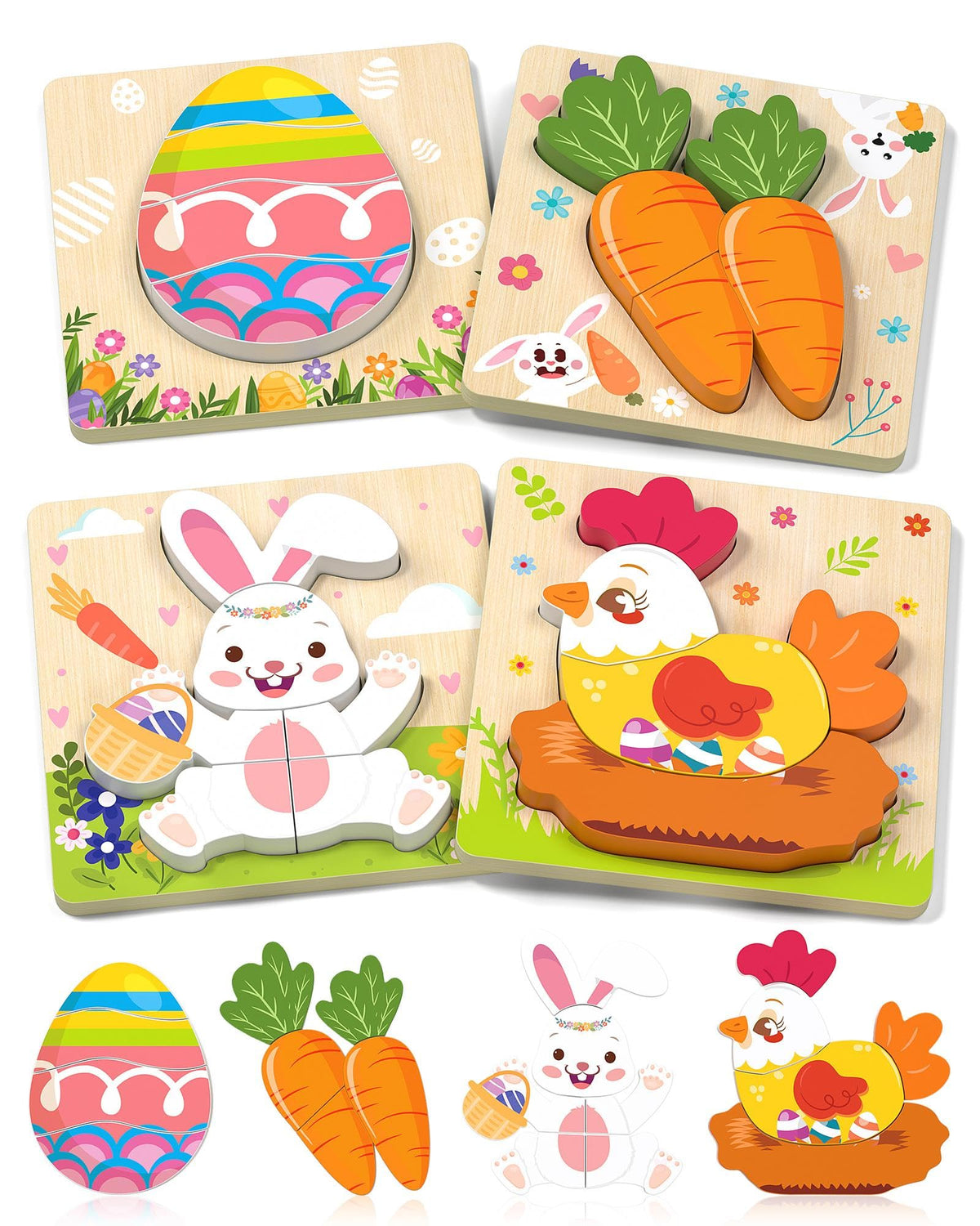 Oomloid Easter Wooden Puzzles 4-Pack – Montessori Toddler Toys, Party Favors & Easter Basket Essentials